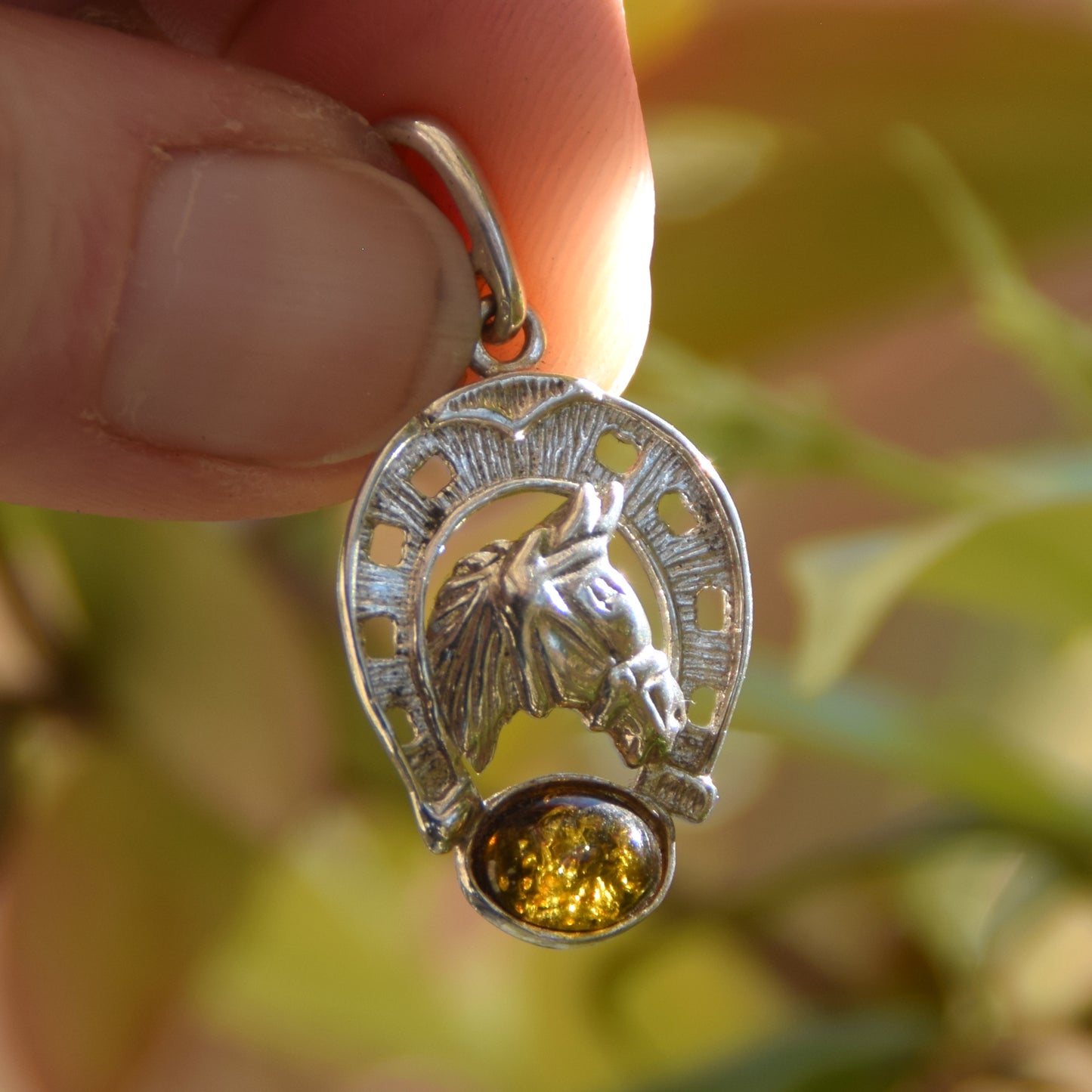 Lucky horseshoe pendant in natural green amber and 925 sterling silver, MJ Baltica, BW264