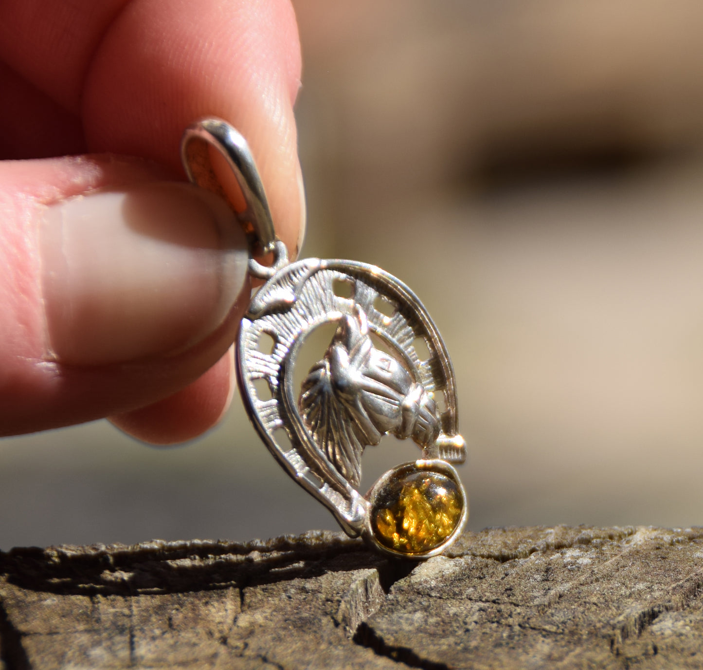 Lucky horseshoe pendant in natural green amber and 925 sterling silver, MJ Baltica, BW264