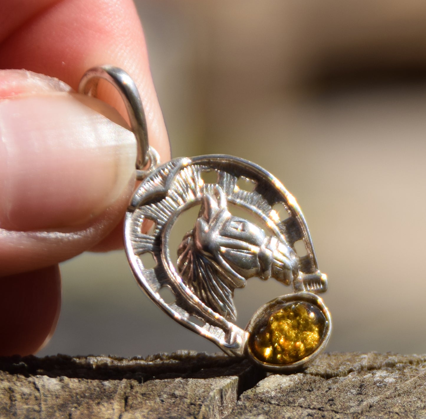 Lucky horseshoe pendant in natural green amber and 925 sterling silver, MJ Baltica, BW264
