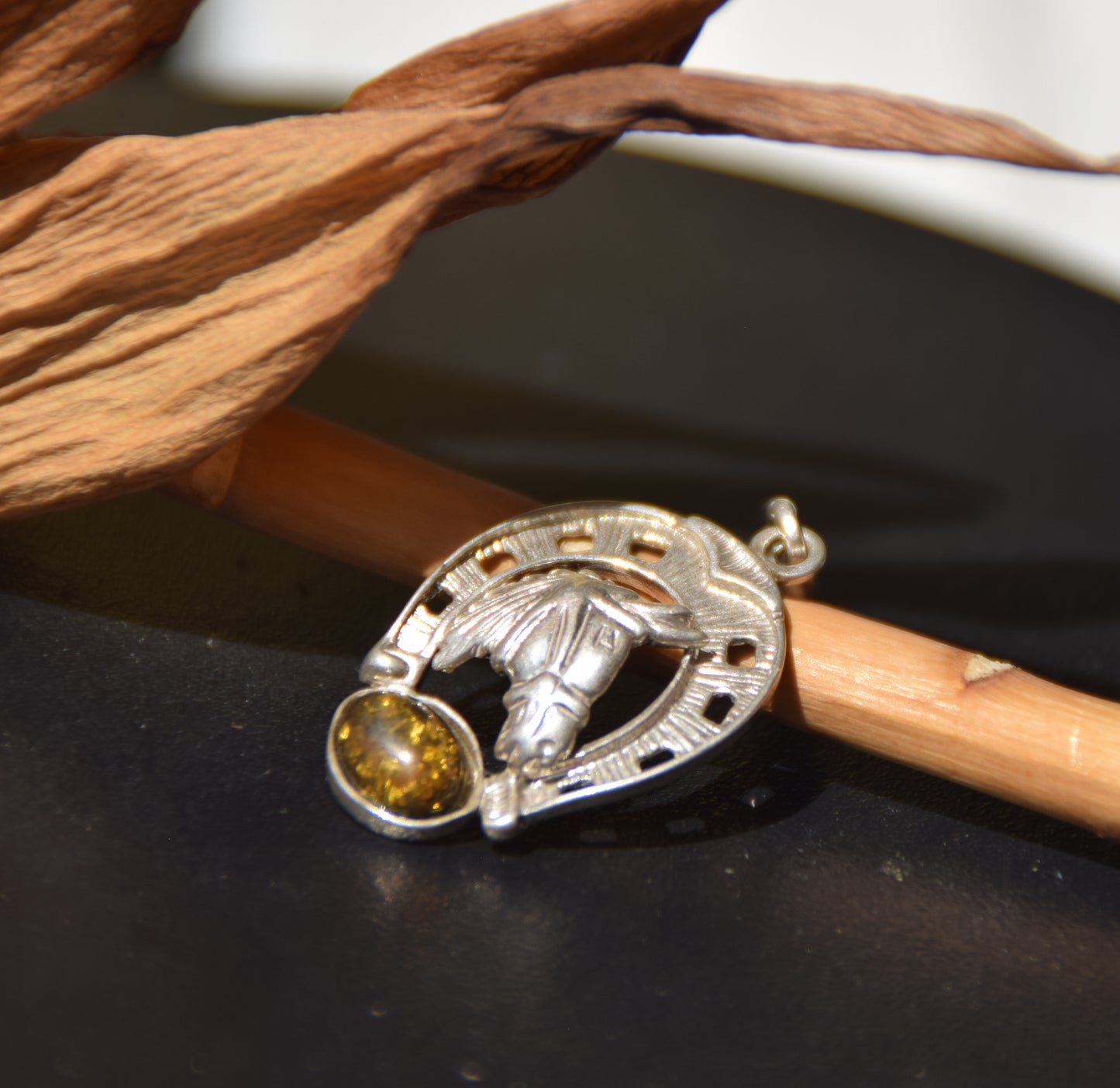 Lucky horseshoe pendant in natural green amber and 925 sterling silver, MJ Baltica, BW264