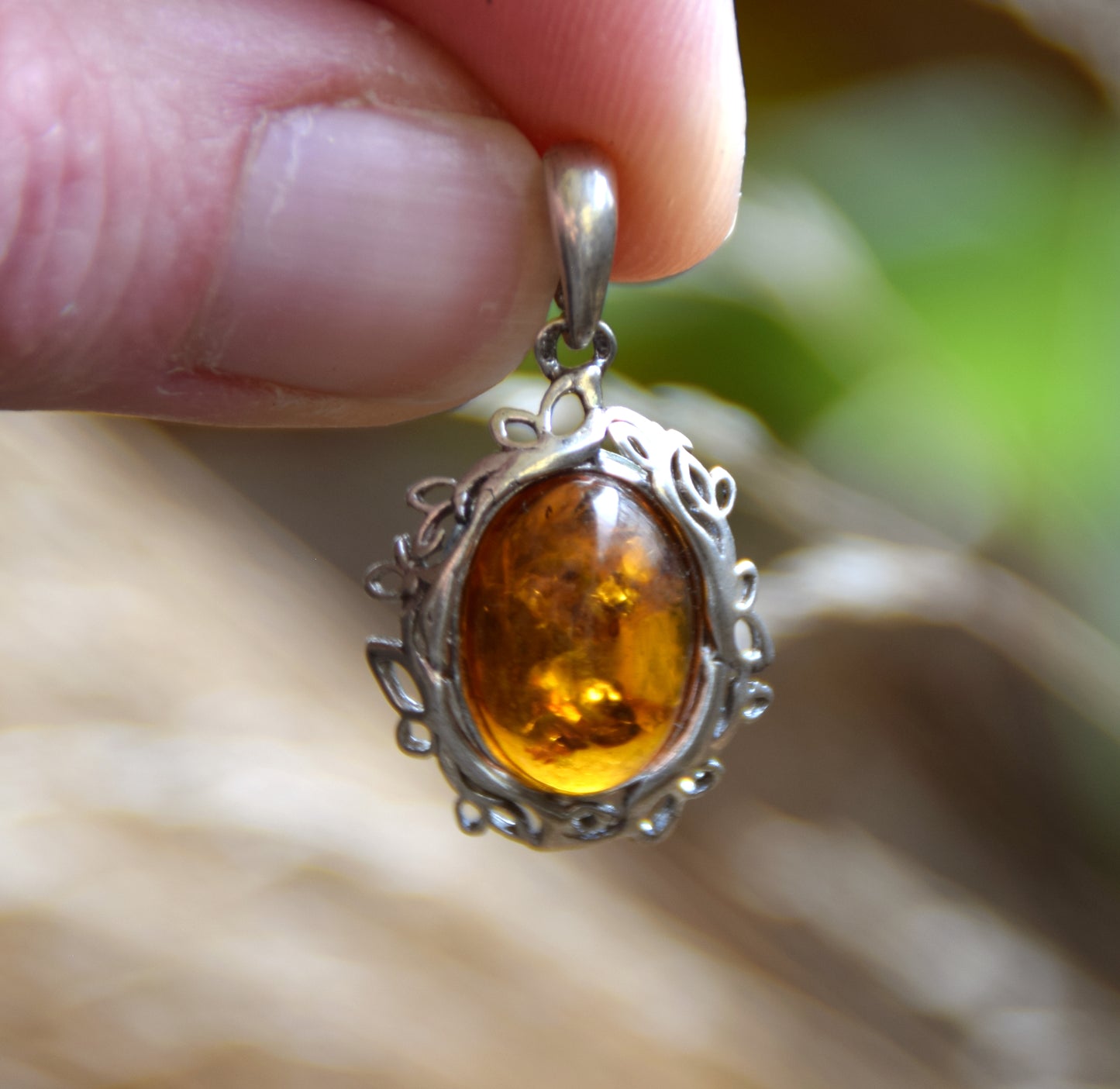 Elegant oval pendant with natural cognac amber and 925 Silver, MJ Baltica, BW268