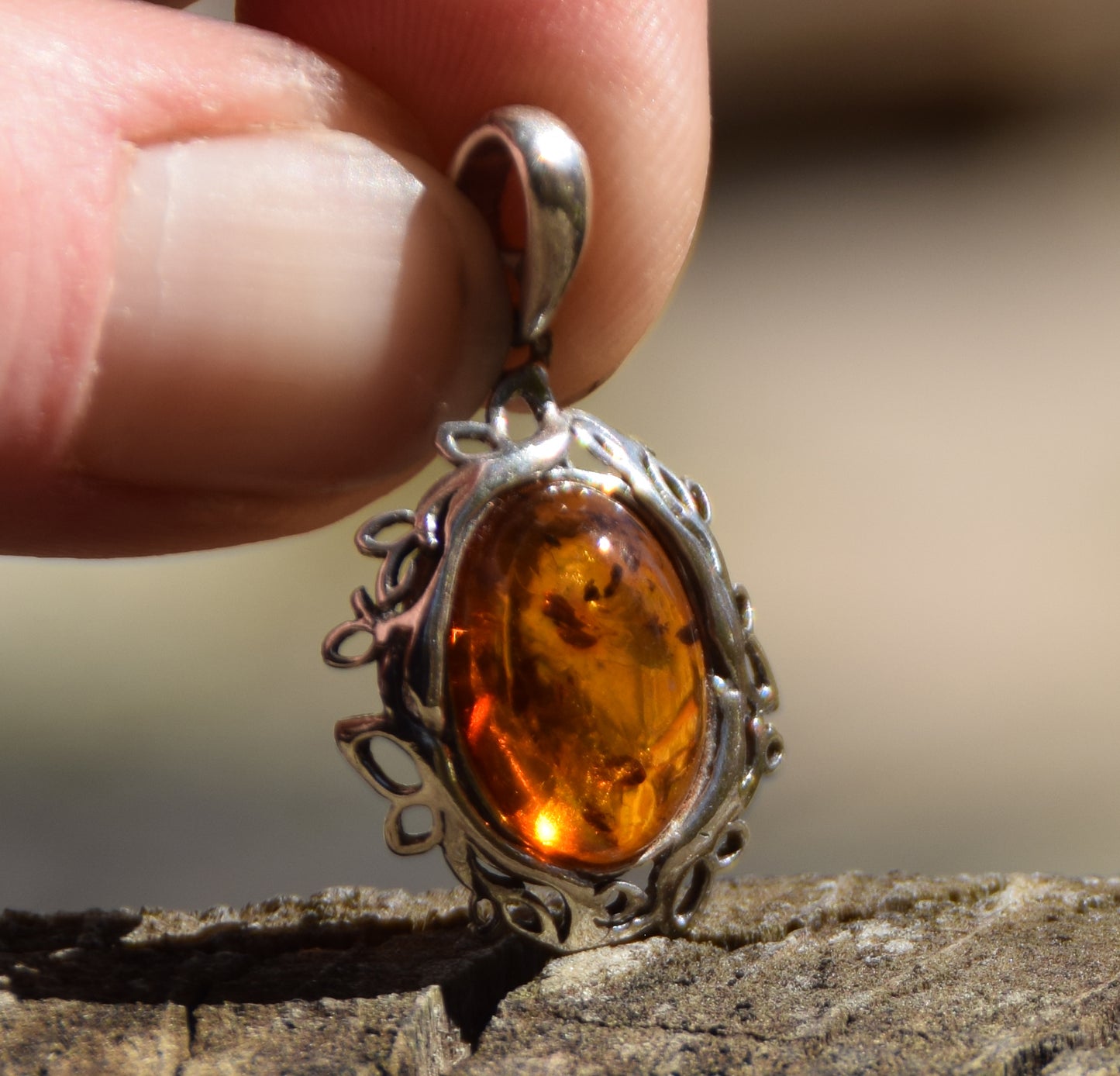 Elegant oval pendant with natural cognac amber and 925 Silver, MJ Baltica, BW268