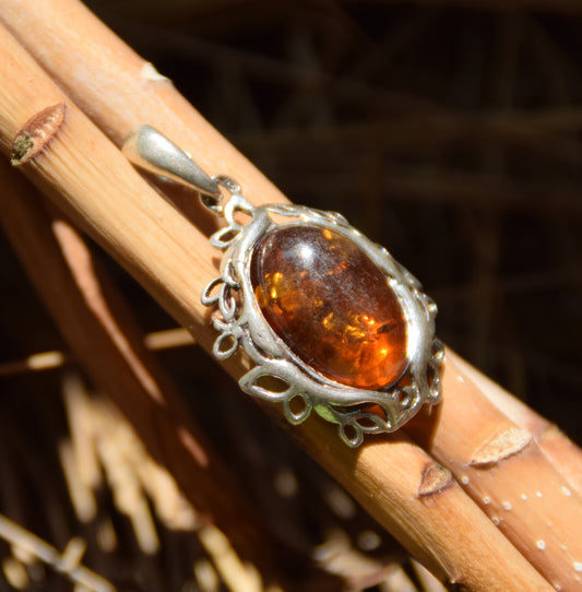 Elegant oval pendant with natural cognac amber and 925 Silver, MJ Baltica, BW268