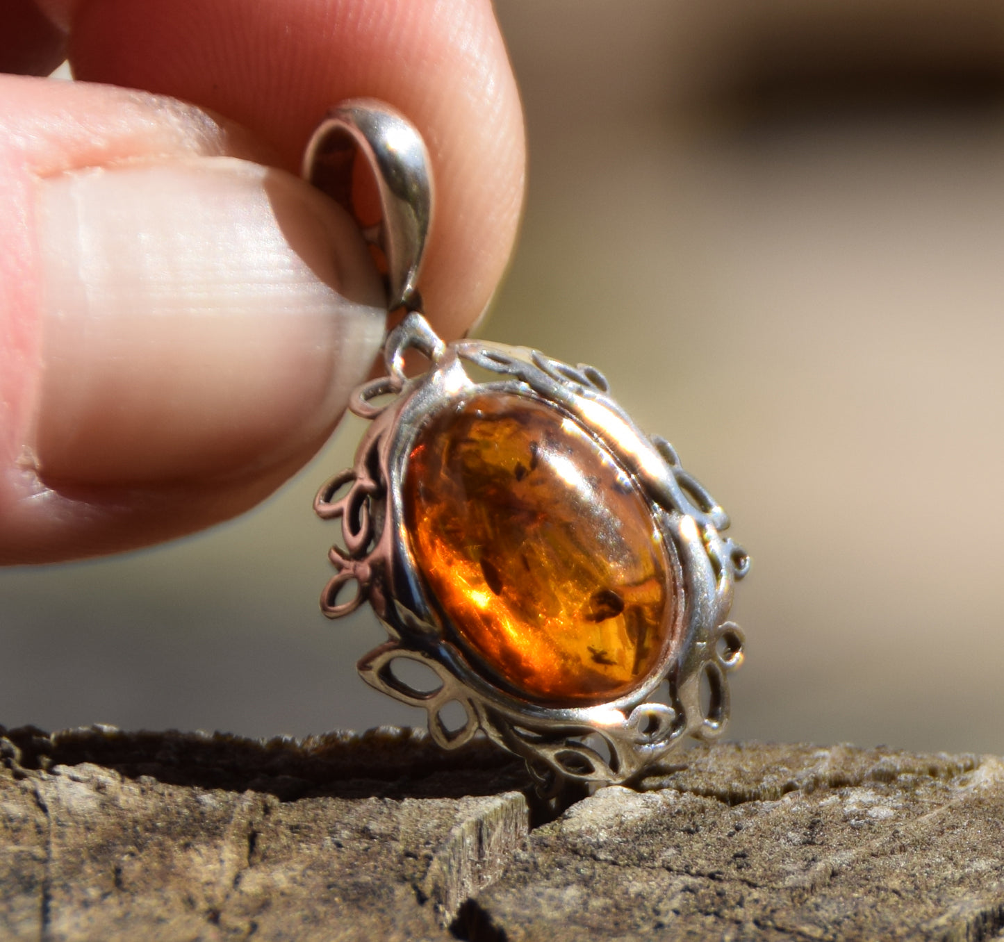 Elegant oval pendant with natural cognac amber and 925 Silver, MJ Baltica, BW268