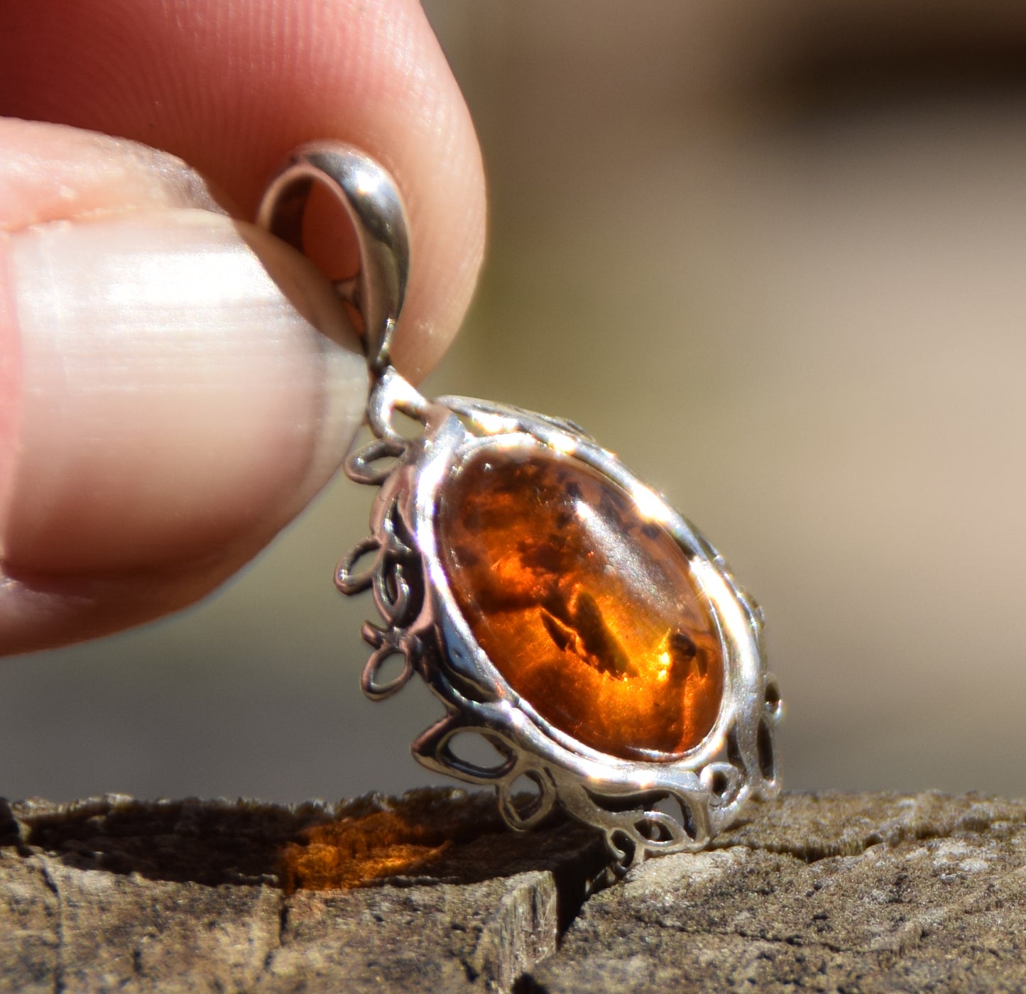 Elegant oval pendant with natural cognac amber and 925 Silver, MJ Baltica, BW268
