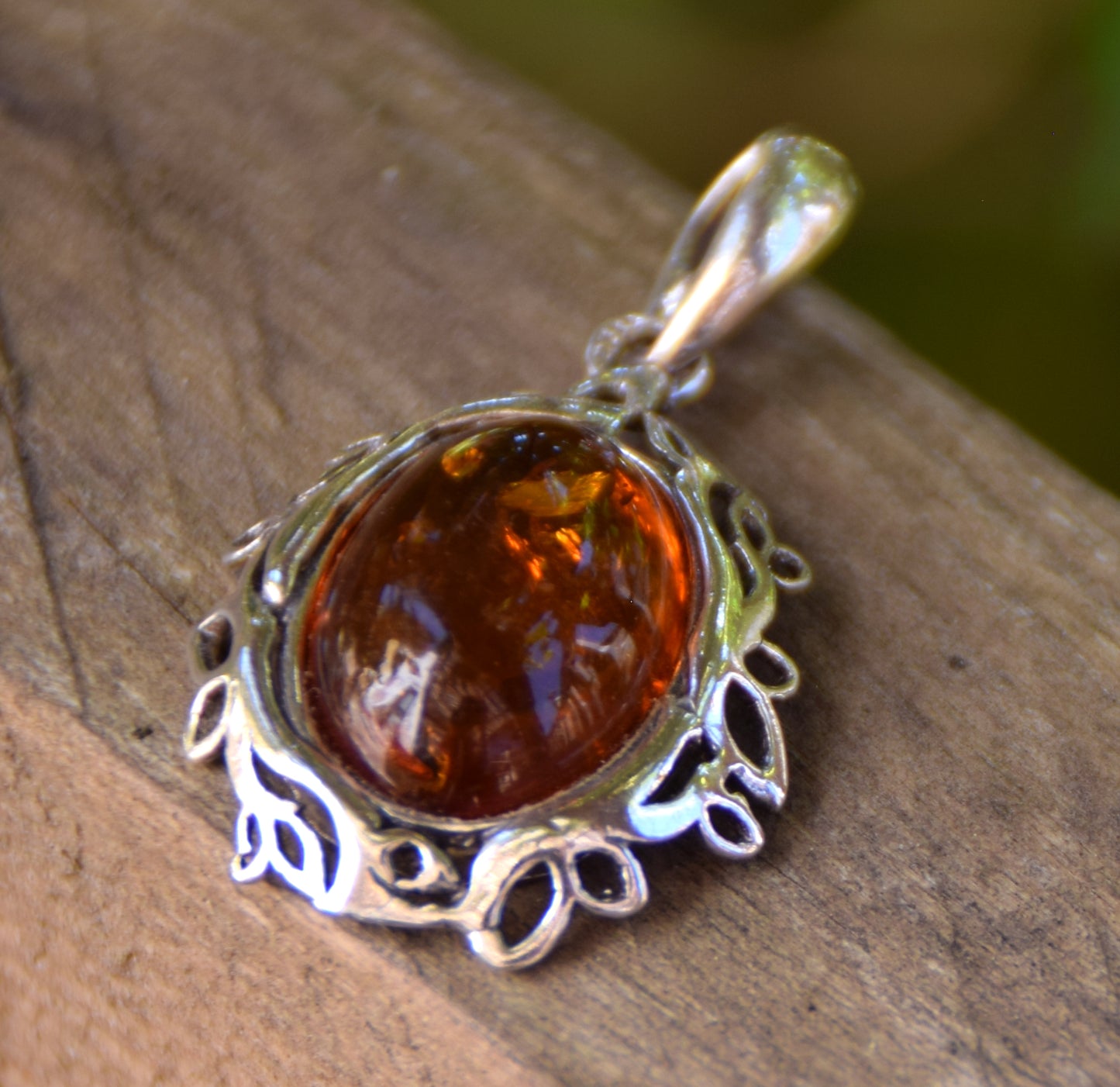 Elegant oval pendant with natural cognac amber and 925 Silver, MJ Baltica, BW268