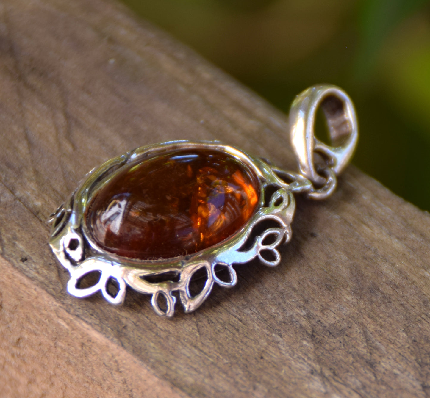 Elegant oval pendant with natural cognac amber and 925 Silver, MJ Baltica, BW268