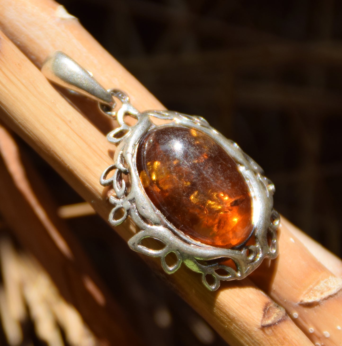 Elegant oval pendant with natural cognac amber and 925 Silver, MJ Baltica, BW268