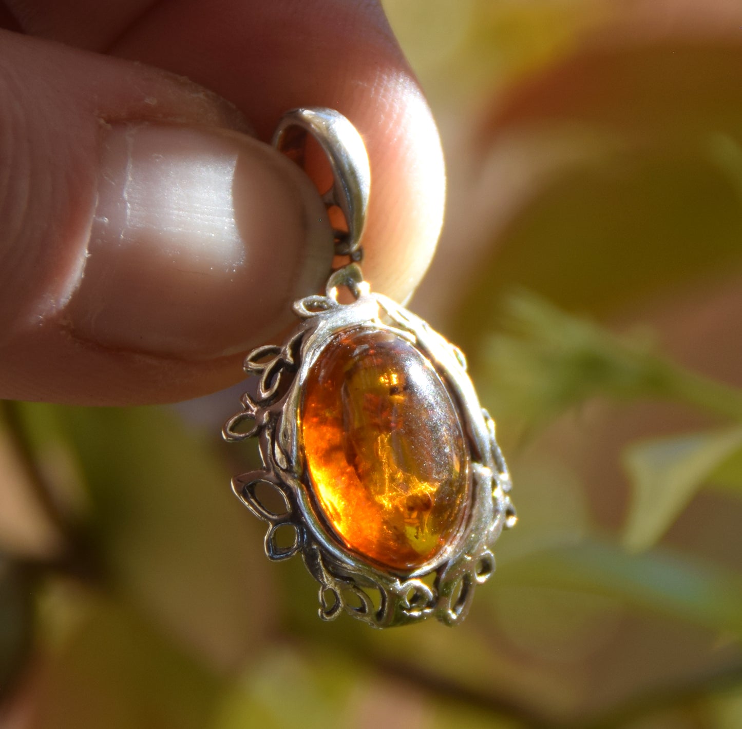 Elegant oval pendant with natural cognac amber and 925 Silver, MJ Baltica, BW268