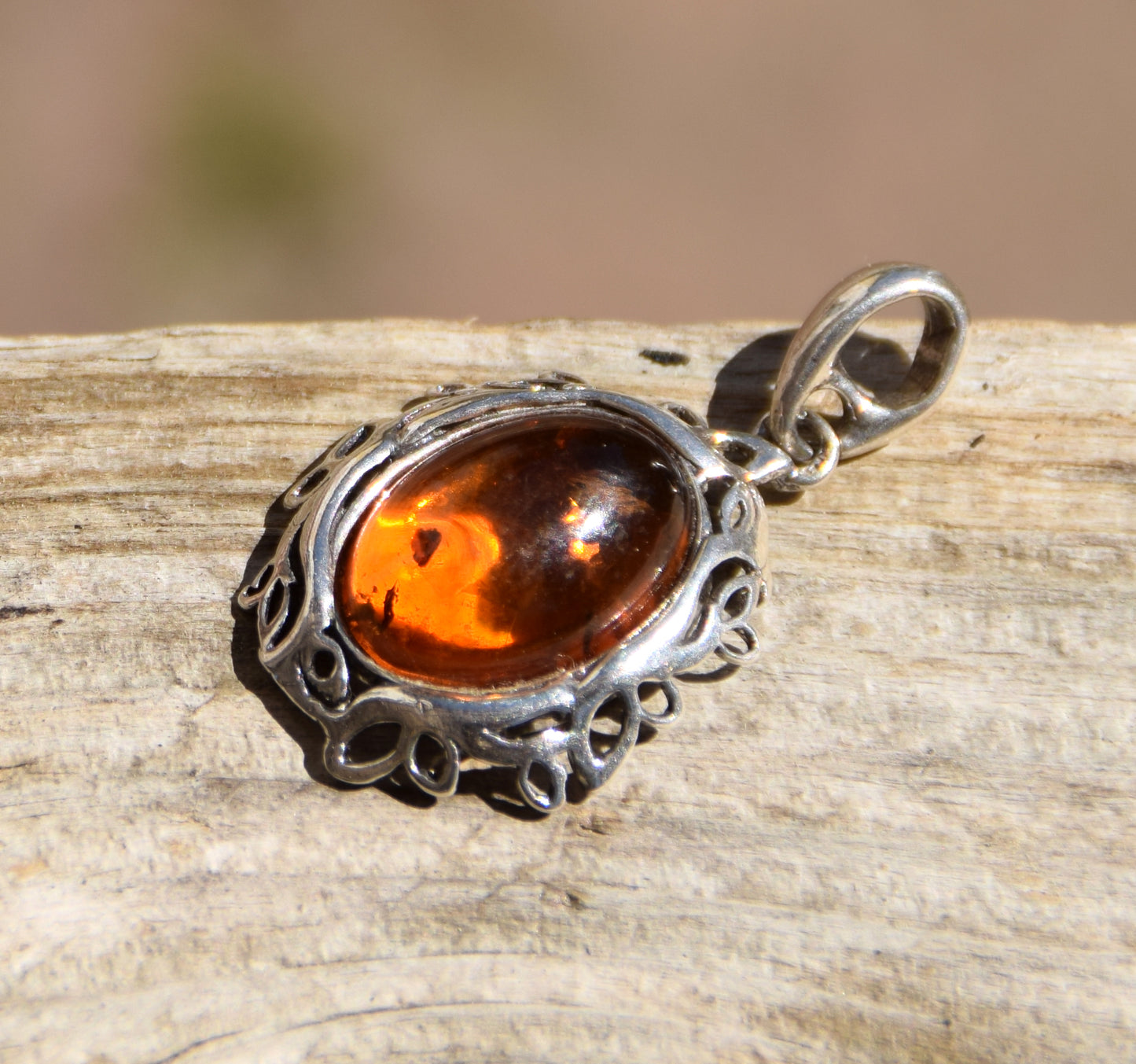 Elegant oval pendant with natural cognac amber and 925 Silver, MJ Baltica, BW268