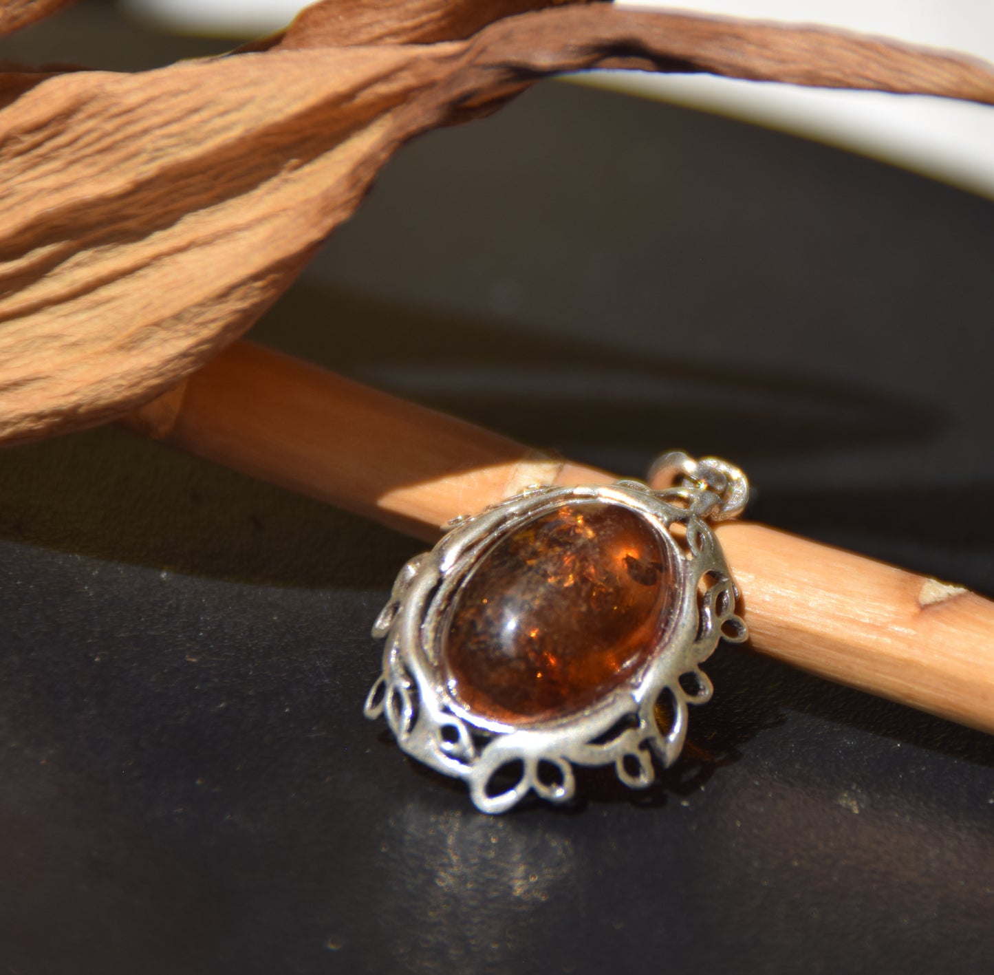 Elegant oval pendant with natural cognac amber and 925 Silver, MJ Baltica, BW268