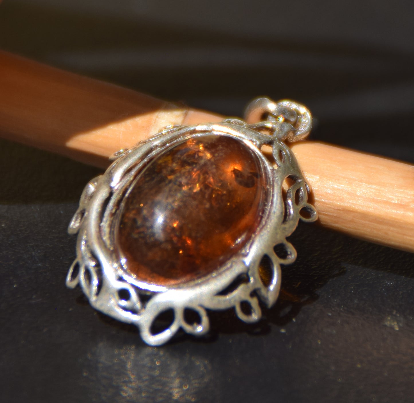 Elegant oval pendant with natural cognac amber and 925 Silver, MJ Baltica, BW268
