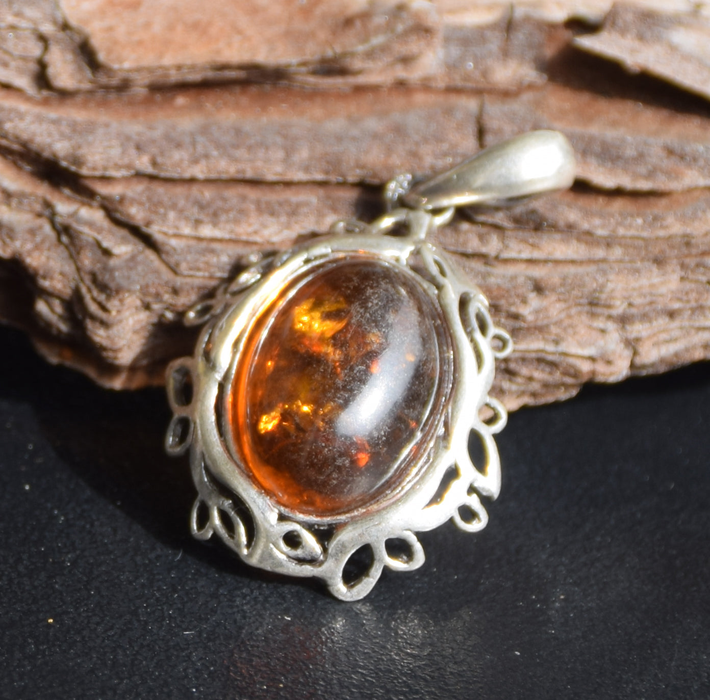Elegant oval pendant with natural cognac amber and 925 Silver, MJ Baltica, BW268
