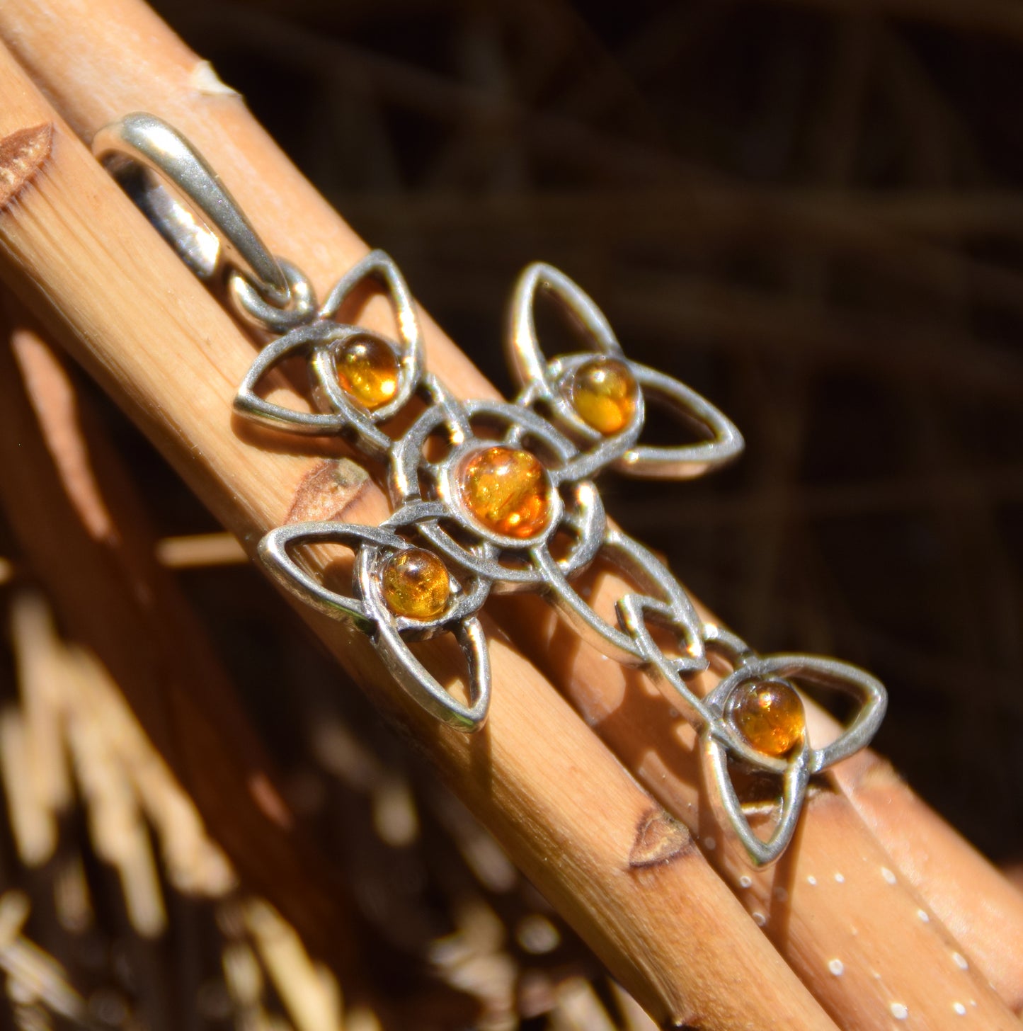 Cognac-colored Natural Amber and Sterling Silver 925 Celtic Cross Pendant, MJ Baltica, BW272