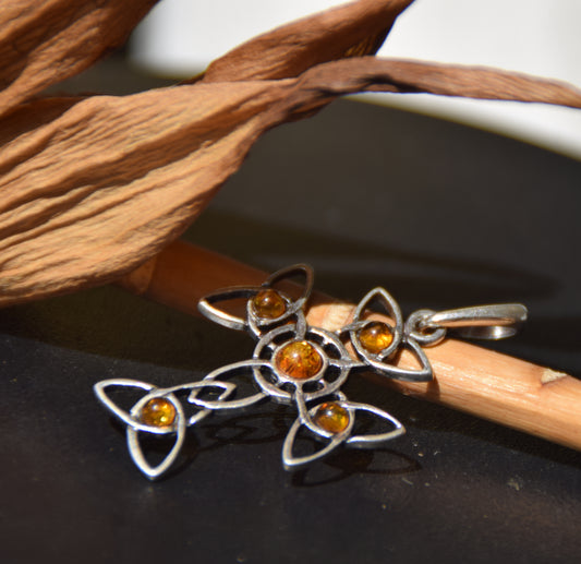 Cognac-colored Natural Amber and Sterling Silver 925 Celtic Cross Pendant, MJ Baltica, BW272