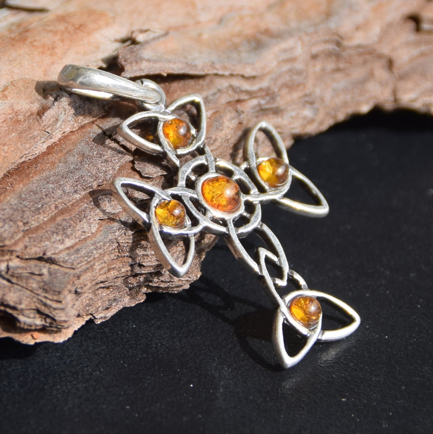 Cognac-colored Natural Amber and Sterling Silver 925 Celtic Cross Pendant, MJ Baltica, BW272