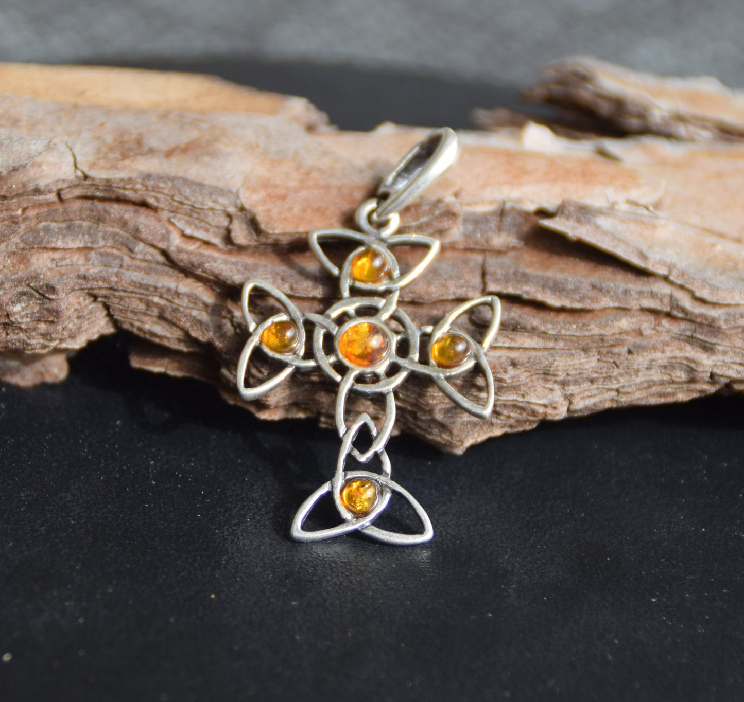 Cognac-colored Natural Amber and Sterling Silver 925 Celtic Cross Pendant, MJ Baltica, BW272
