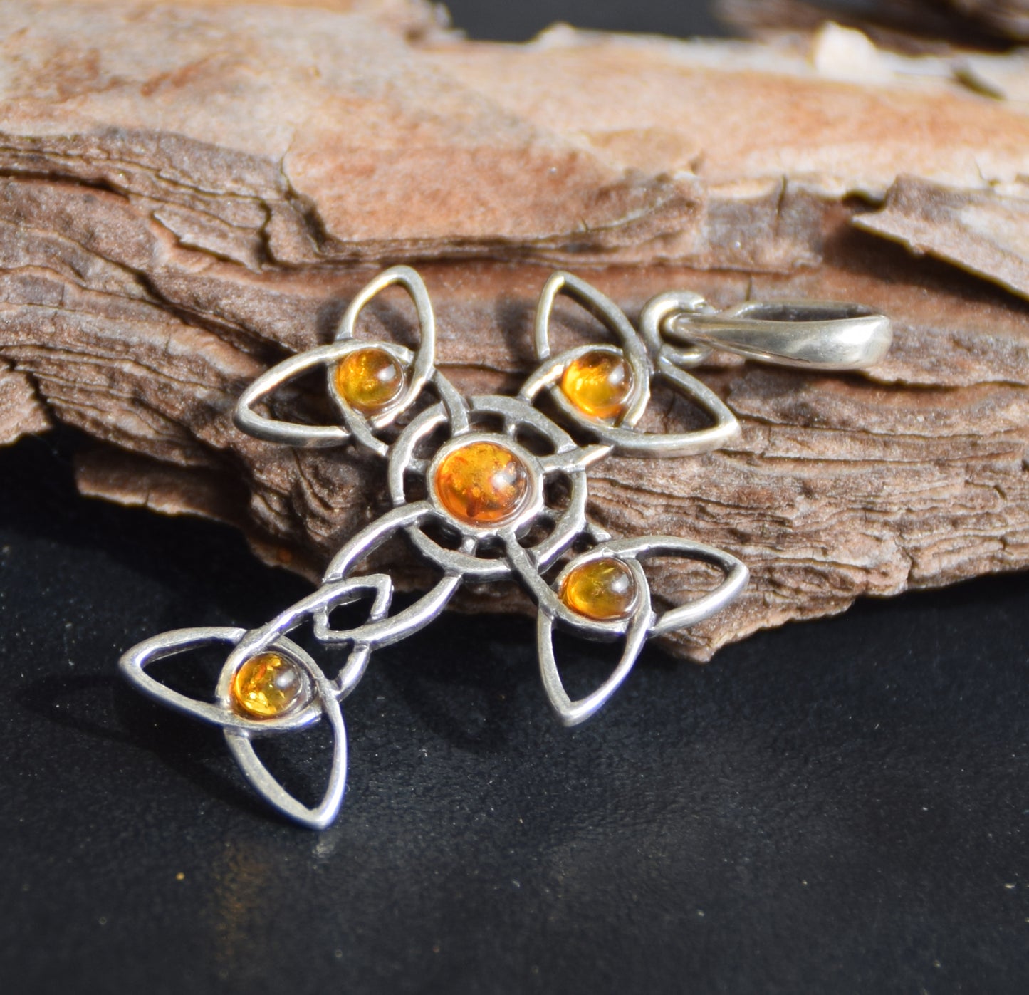 Cognac-colored Natural Amber and Sterling Silver 925 Celtic Cross Pendant, MJ Baltica, BW272