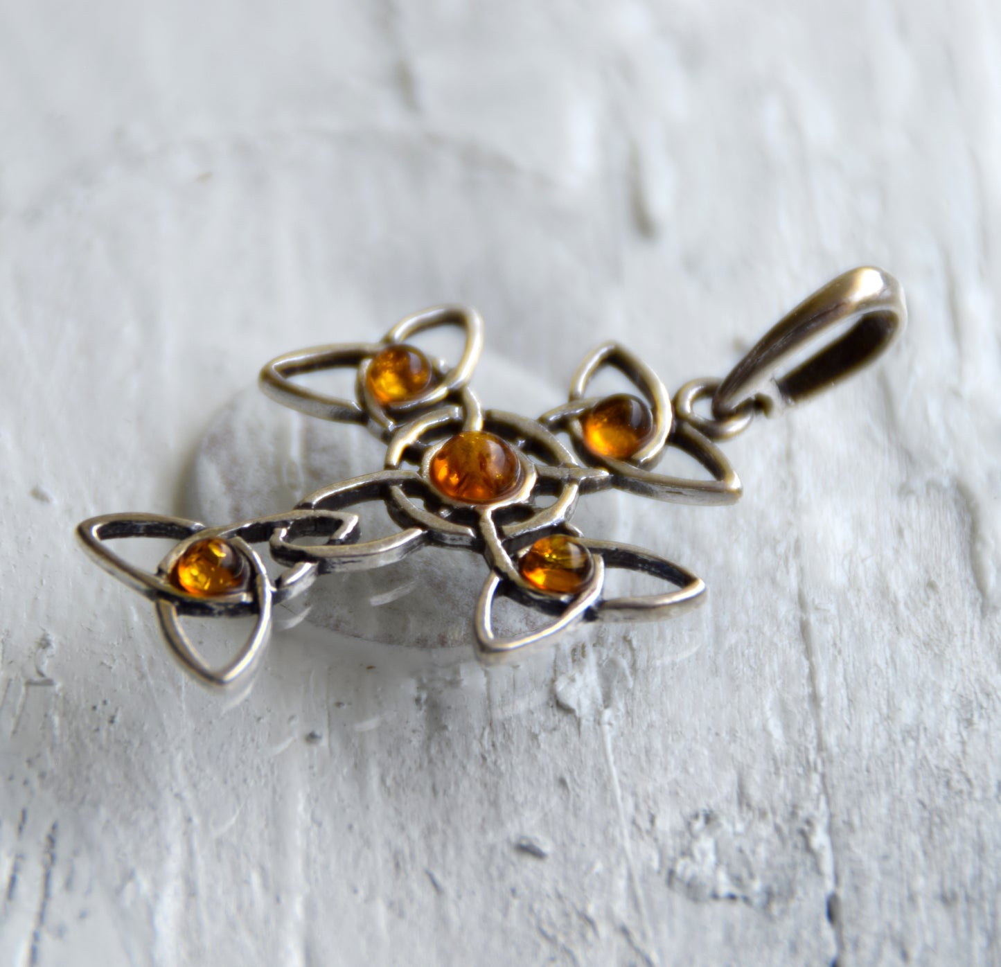 Cognac-colored Natural Amber and Sterling Silver 925 Celtic Cross Pendant, MJ Baltica, BW272