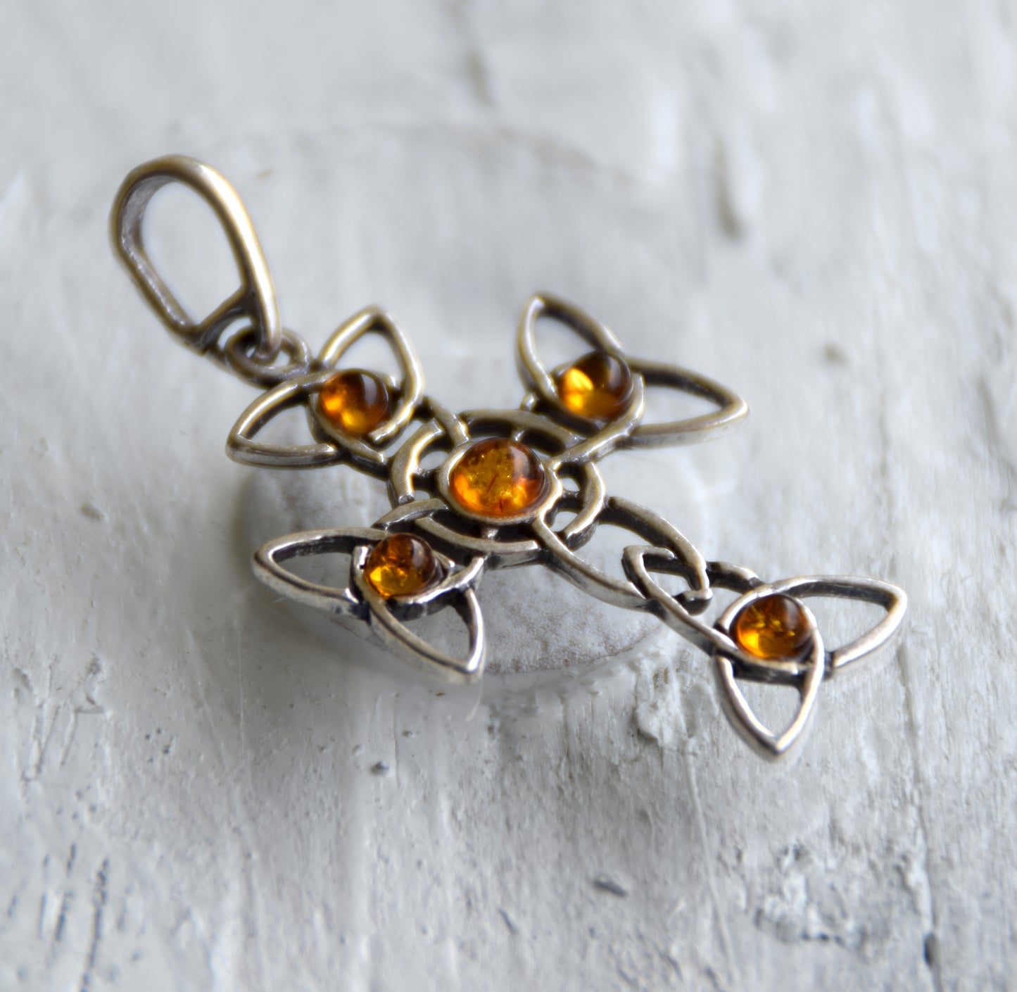 Cognac-colored Natural Amber and Sterling Silver 925 Celtic Cross Pendant, MJ Baltica, BW272