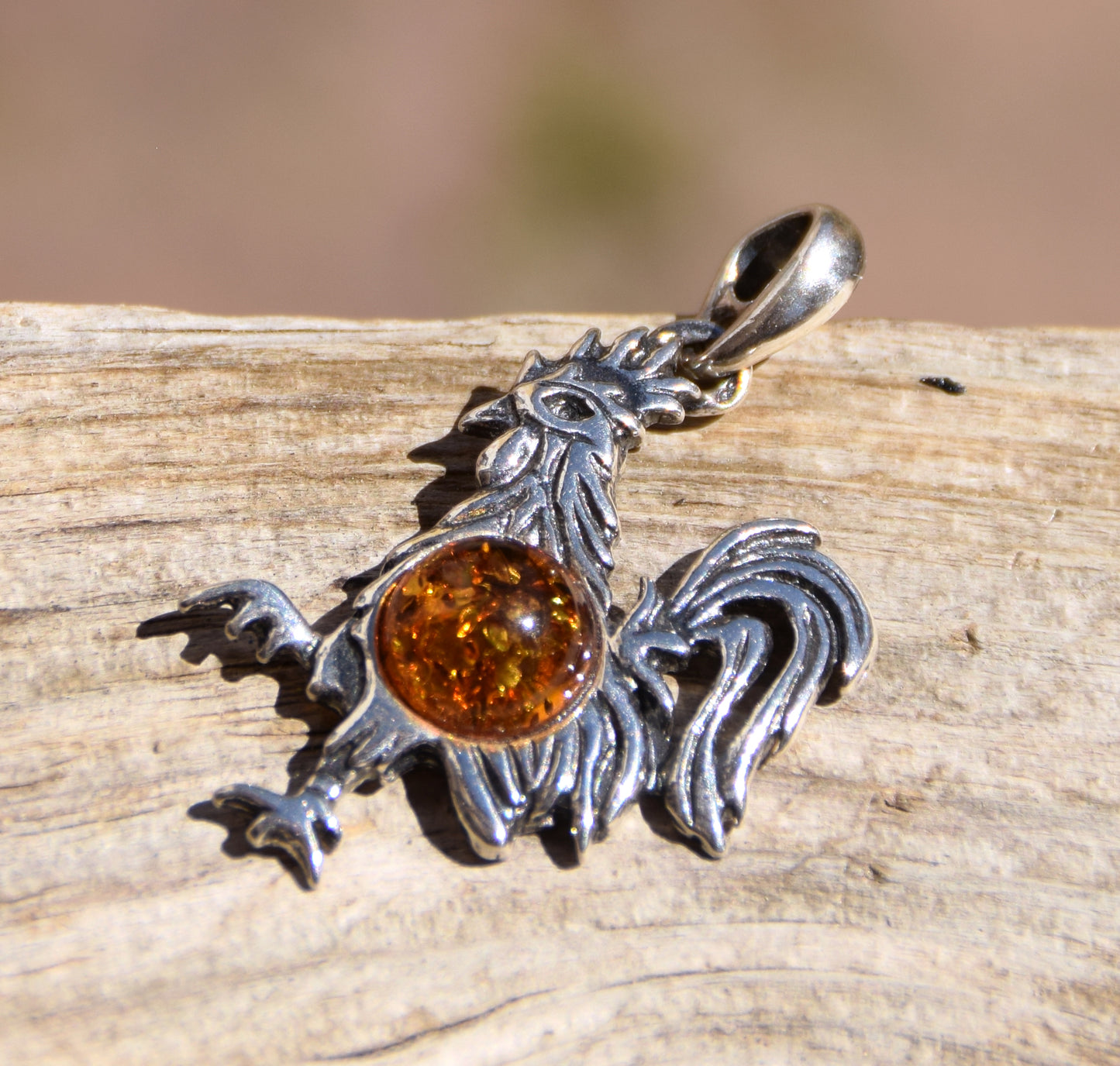 Lucky charm pendant with rooster in cognac-colored natural amber and 925 sterling silver, MJ Baltica, BW273