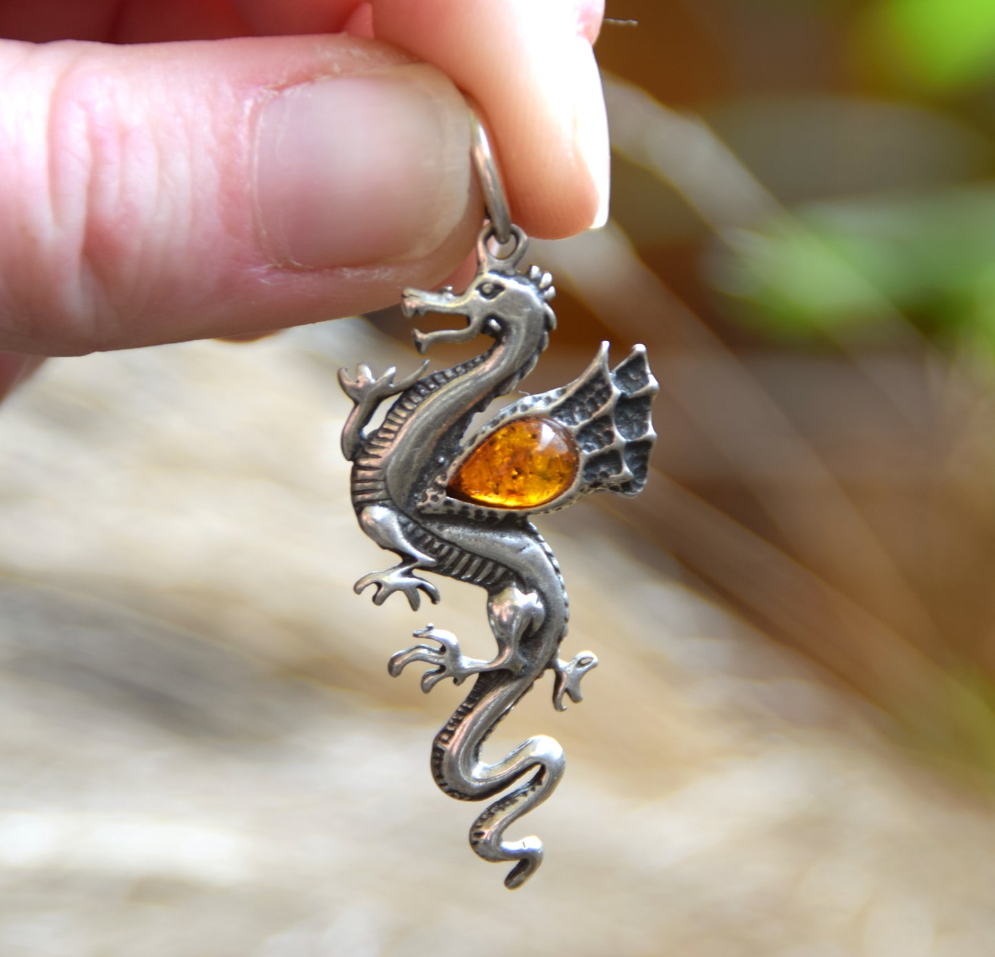 Large, realistic Chinese dragon pendant in natural cognac-colored Amber and 925 Silver, MJ Baltica, BW274
