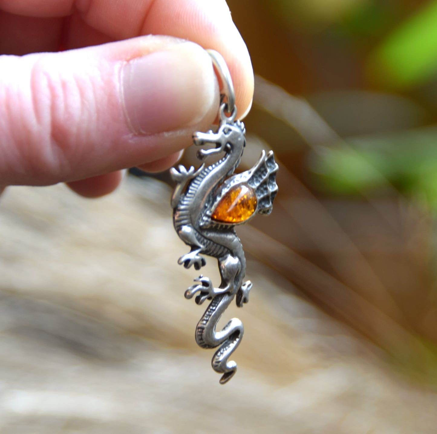 Large, realistic Chinese dragon pendant in natural cognac-colored Amber and 925 Silver, MJ Baltica, BW274