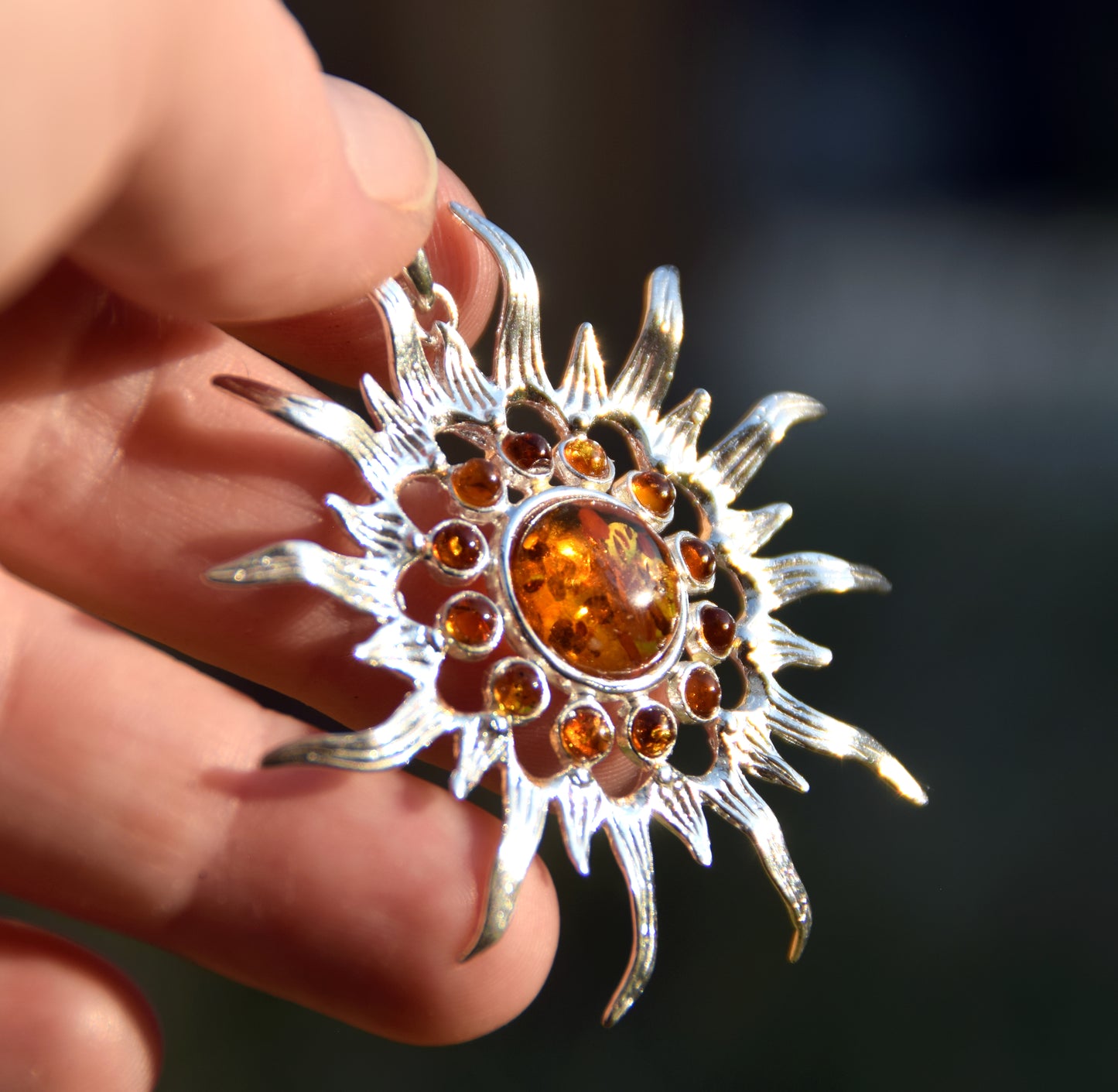 Mosaic pendant with a brilliant ray sun in natural Cognac Amber and Sterling Silver 925, MJ Baltica, BW280