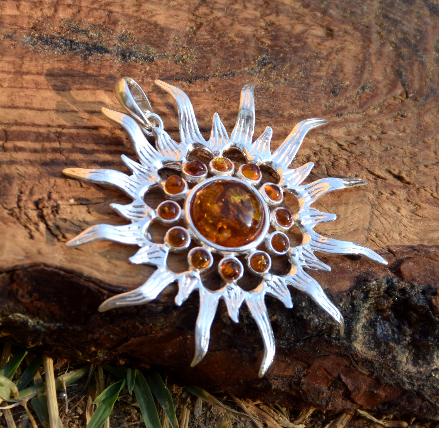 Mosaic pendant with a brilliant ray sun in natural Cognac Amber and Sterling Silver 925, MJ Baltica, BW280