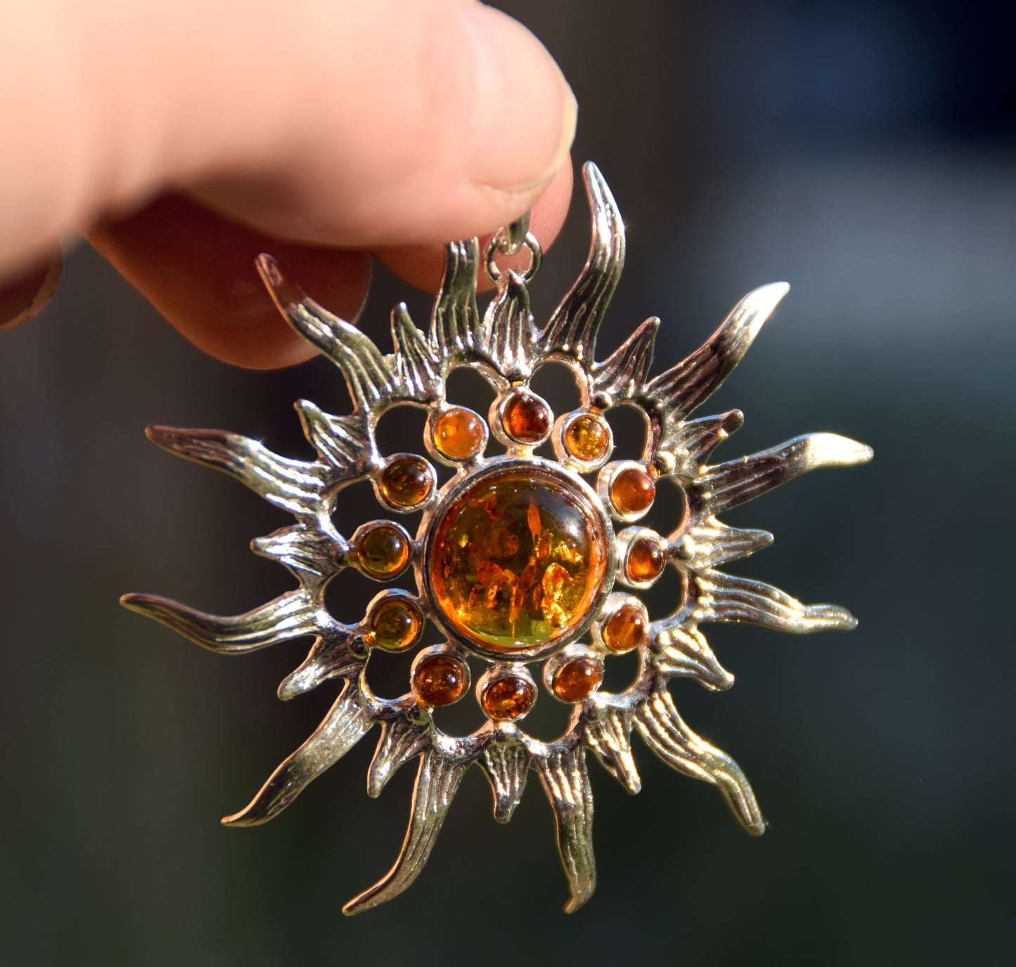Mosaic pendant with a brilliant ray sun in natural Cognac Amber and Sterling Silver 925, MJ Baltica, BW280