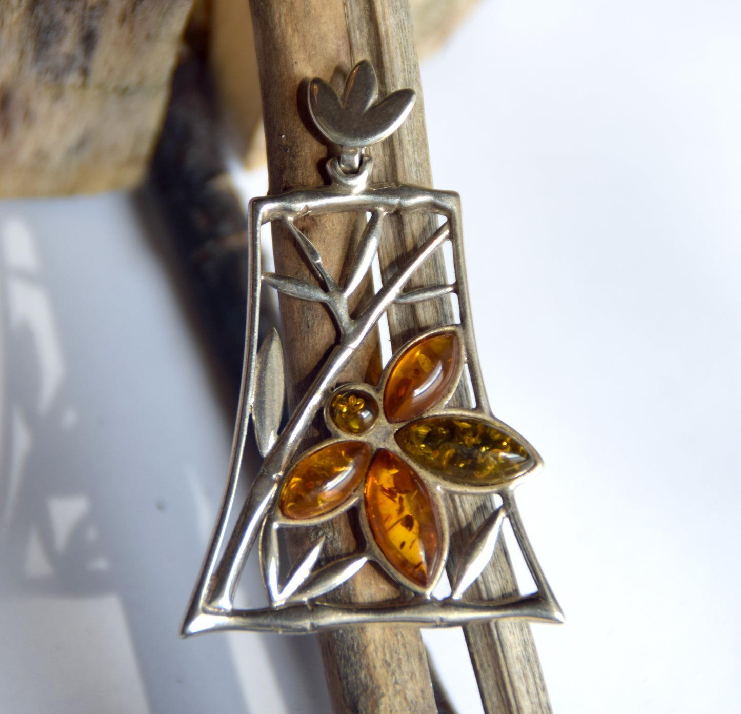 Large pendant with a floral composition in natural Amber of various shades and Sterling Silver 925, MJ Baltica, BW286