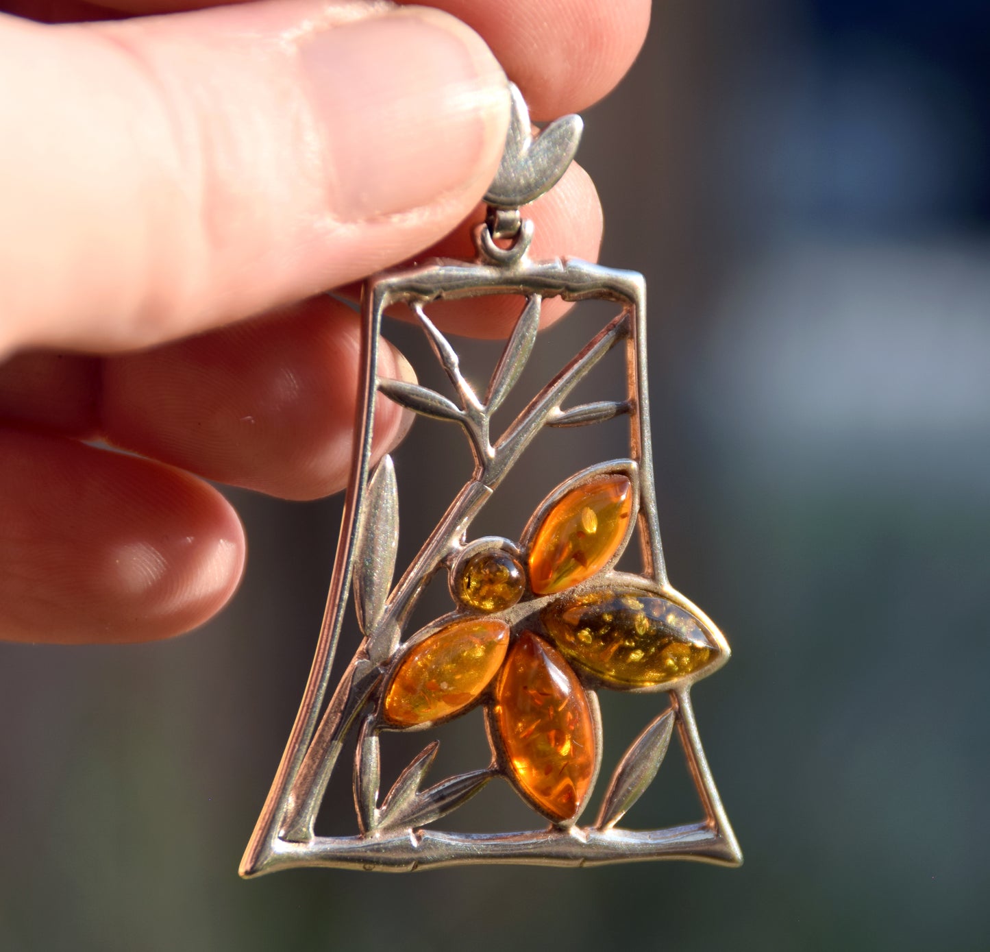 Large pendant with a floral composition in natural Amber of various shades and Sterling Silver 925, MJ Baltica, BW286