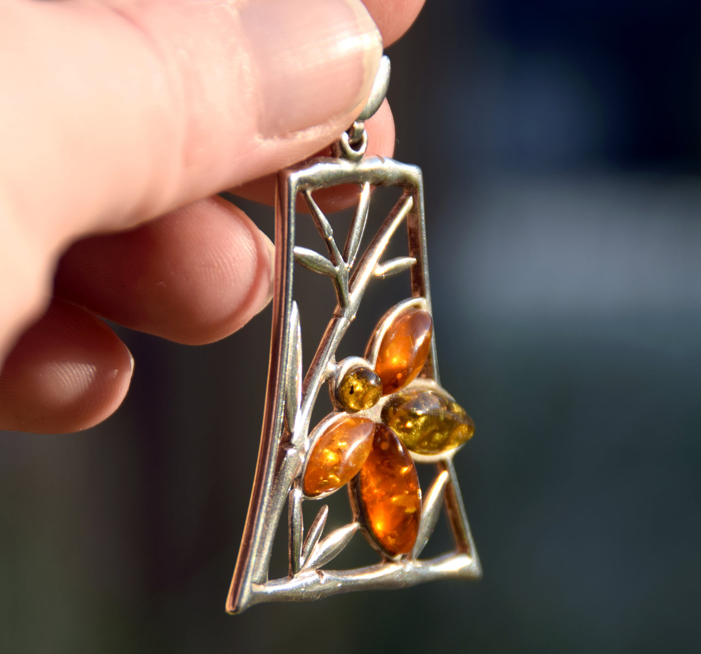 Large pendant with a floral composition in natural Amber of various shades and Sterling Silver 925, MJ Baltica, BW286