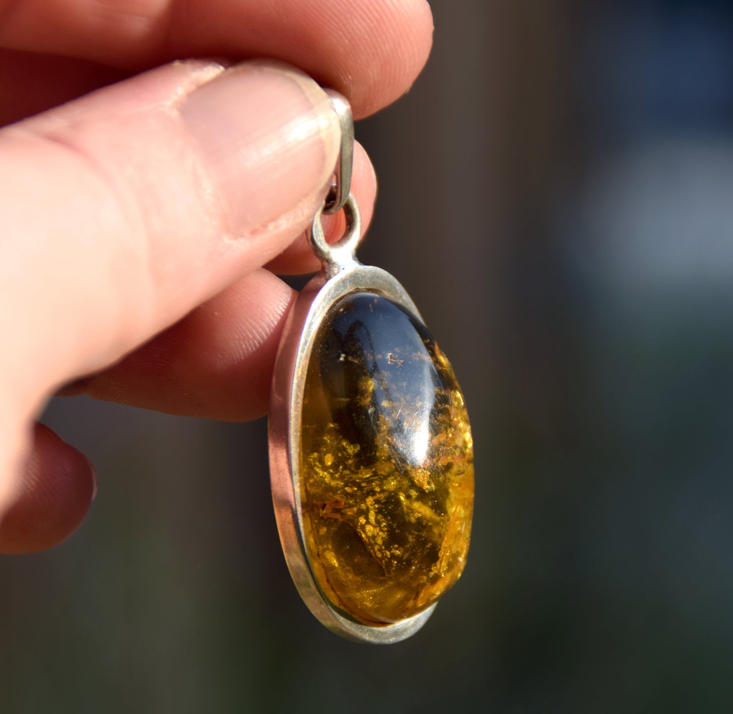Large oval pendant with natural green amber and 925 silver, MJ Baltica, BW289