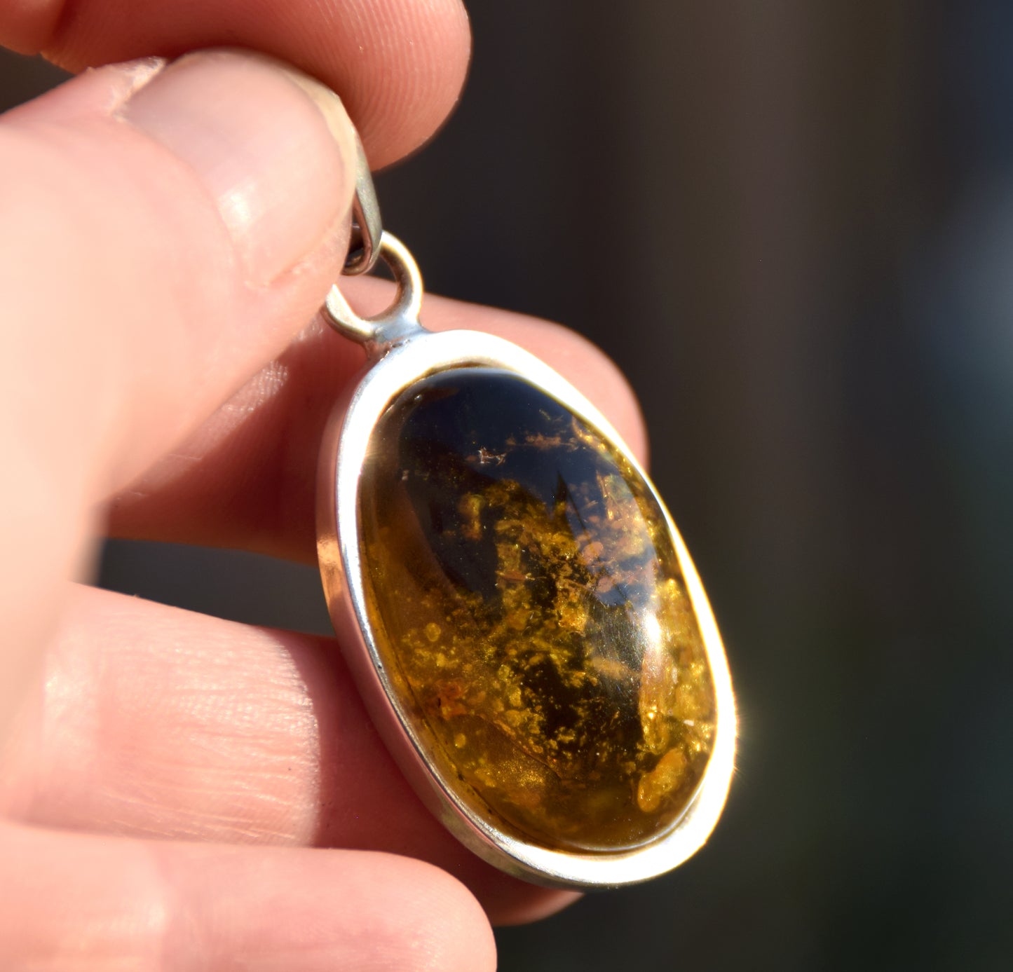 Large oval pendant with natural green amber and 925 silver, MJ Baltica, BW289
