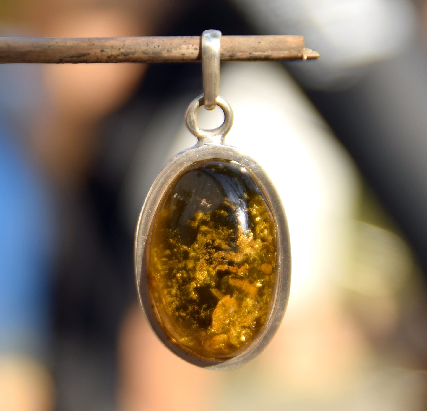 Large oval pendant with natural green amber and 925 silver, MJ Baltica, BW289
