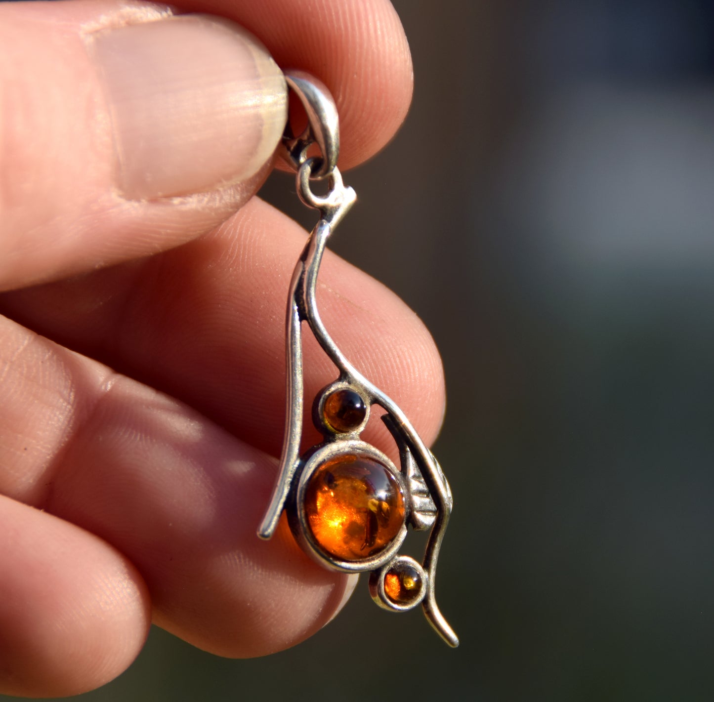 Elegant round pendant with natural cognac Amber and 925 Silver, MJ Baltica, BW290