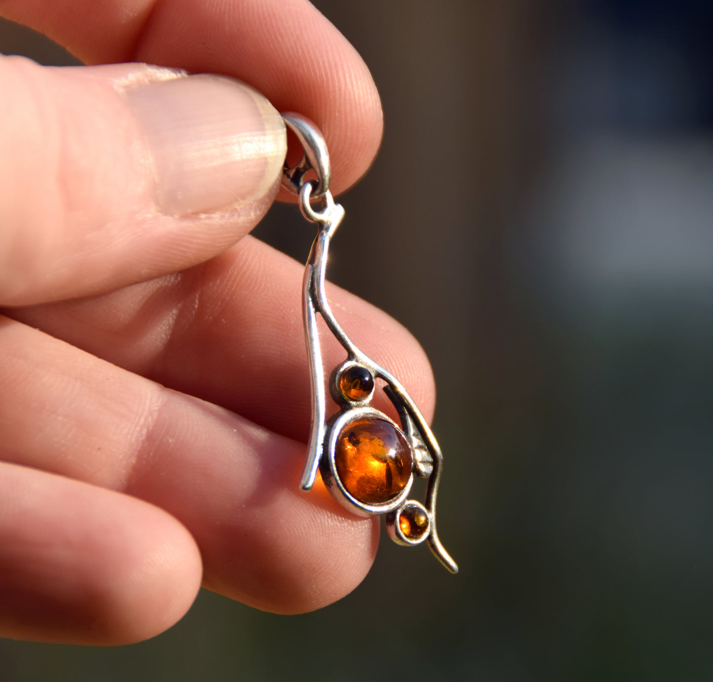 Elegant round pendant with natural cognac Amber and 925 Silver, MJ Baltica, BW290