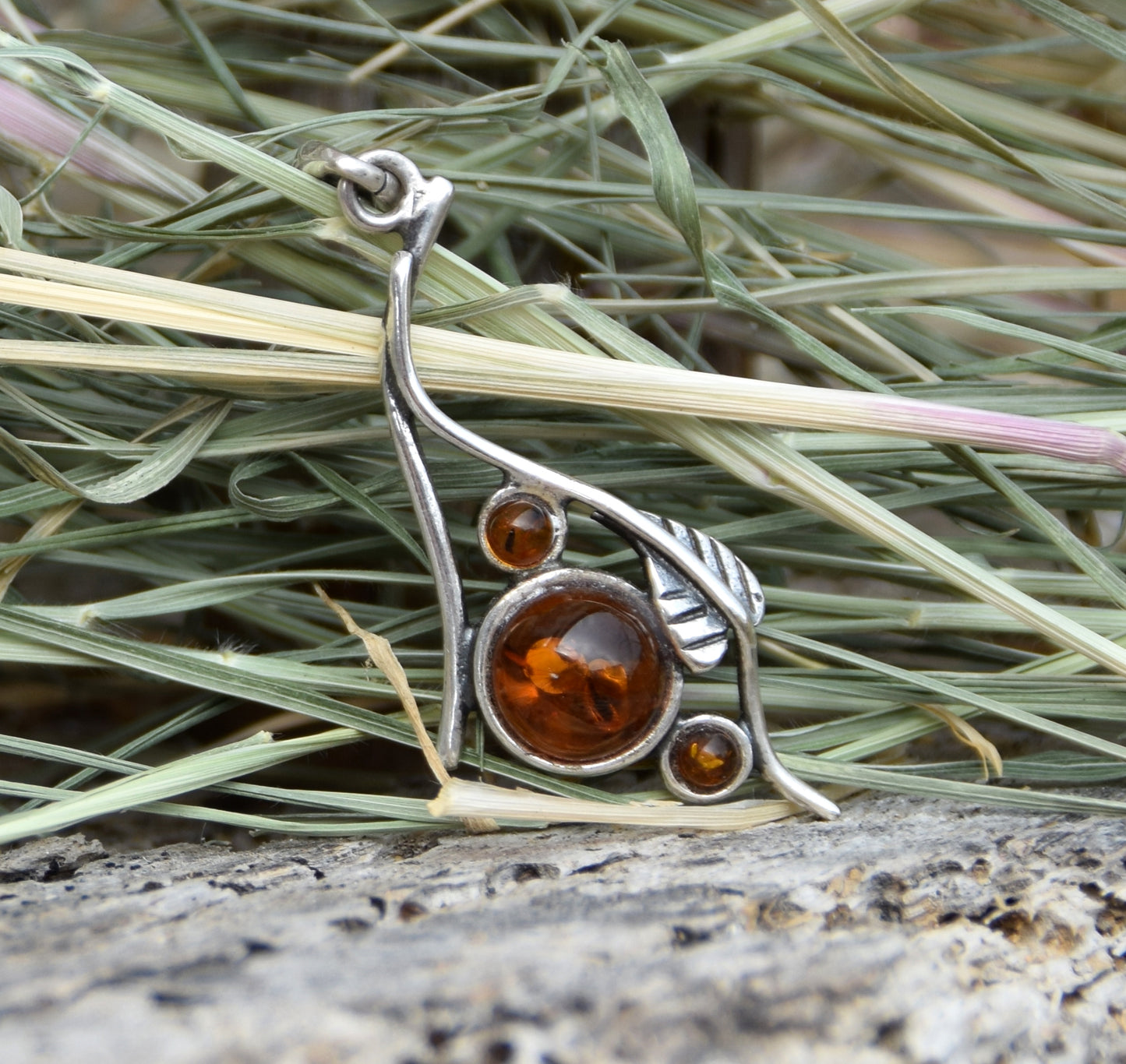 Elegant round pendant with natural cognac Amber and 925 Silver, MJ Baltica, BW290
