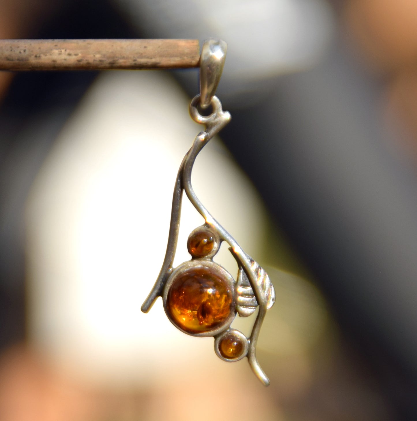 Elegant round pendant with natural cognac Amber and 925 Silver, MJ Baltica, BW290