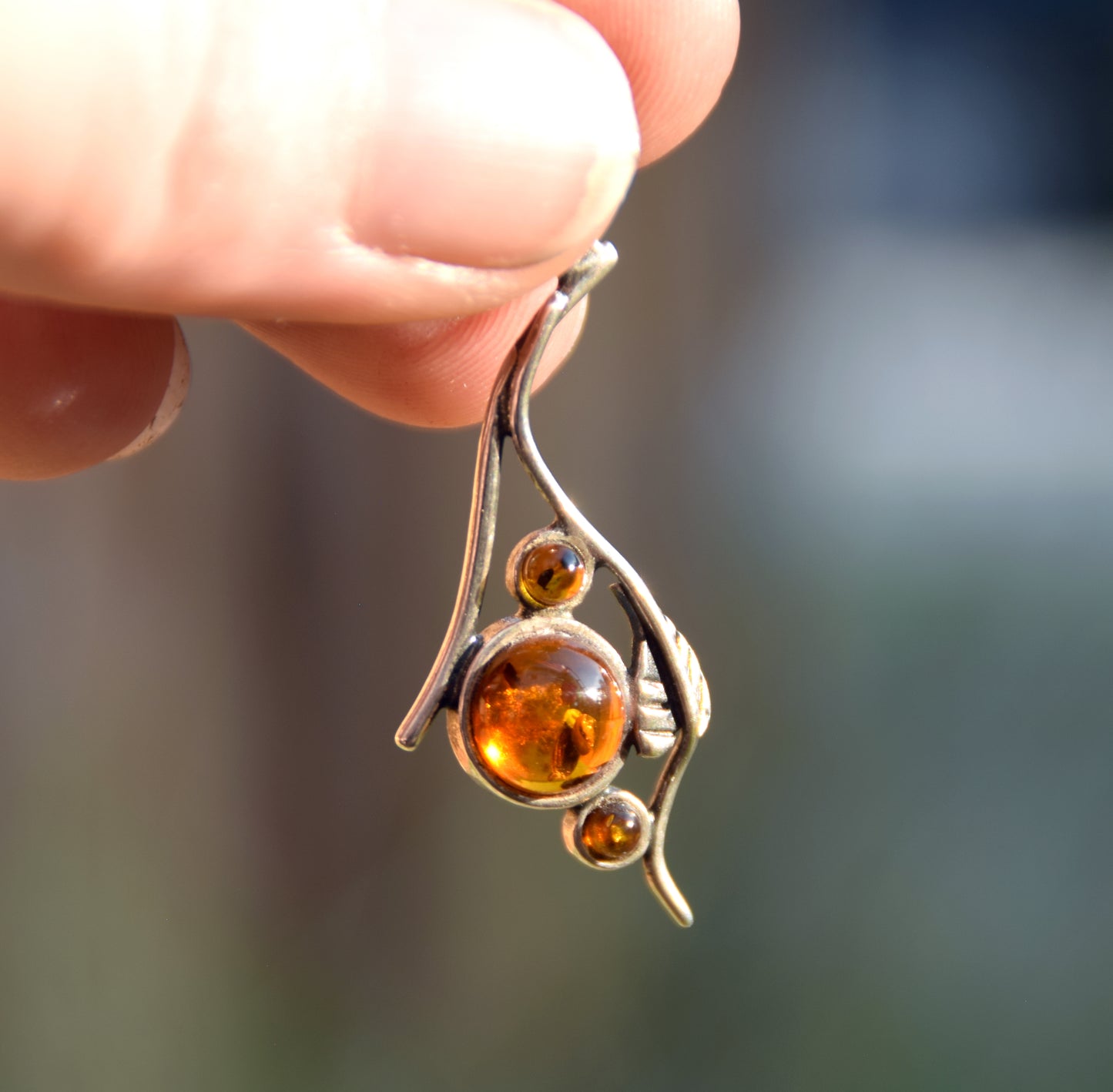 Elegant round pendant with natural cognac Amber and 925 Silver, MJ Baltica, BW290