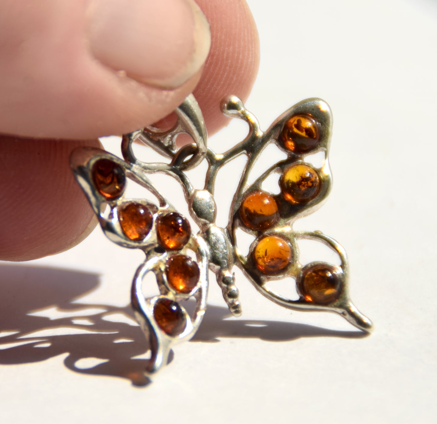 Lightweight pendant with butterfly in natural cognac amber and 925 Sterling Silver, MJ Baltica, BW292