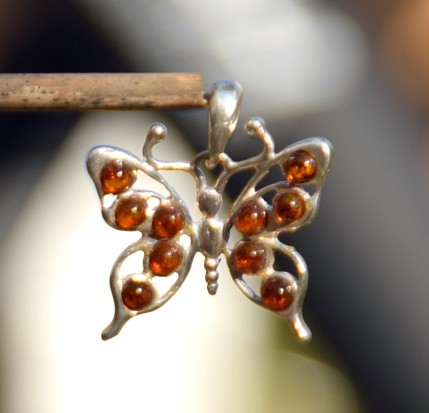 Lightweight pendant with butterfly in natural cognac amber and 925 Sterling Silver, MJ Baltica, BW292