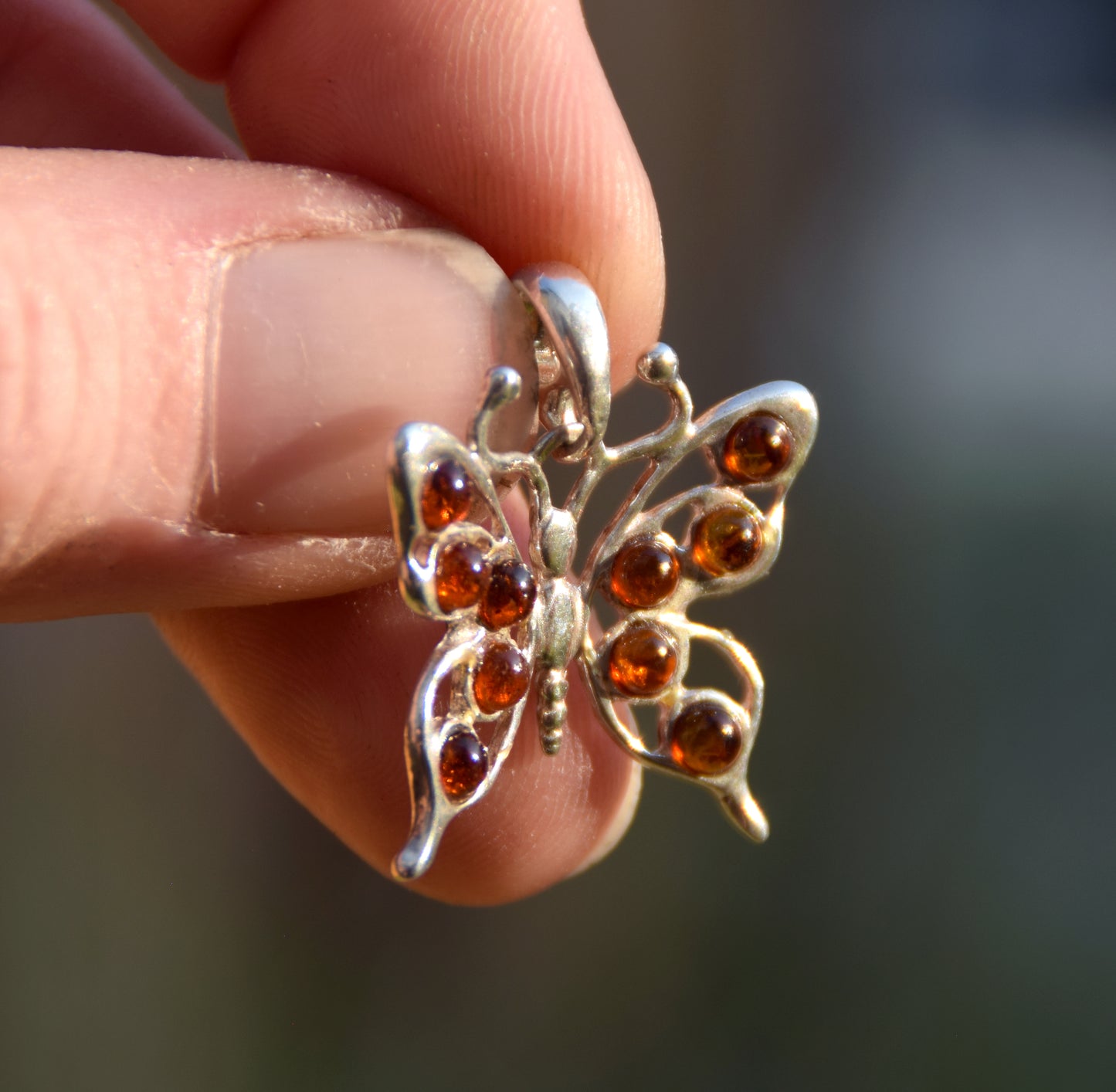 Lightweight pendant with butterfly in natural cognac amber and 925 Sterling Silver, MJ Baltica, BW292