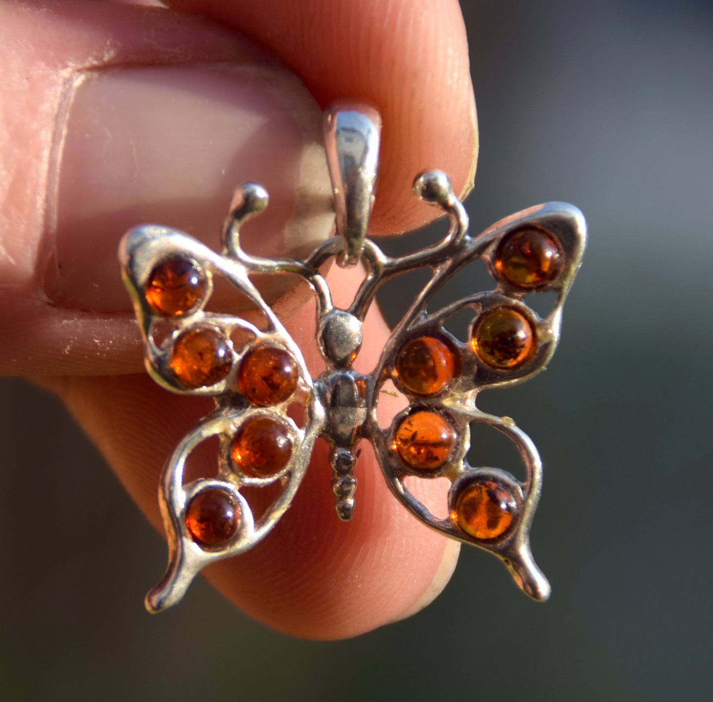 Lightweight pendant with butterfly in natural cognac amber and 925 Sterling Silver, MJ Baltica, BW292