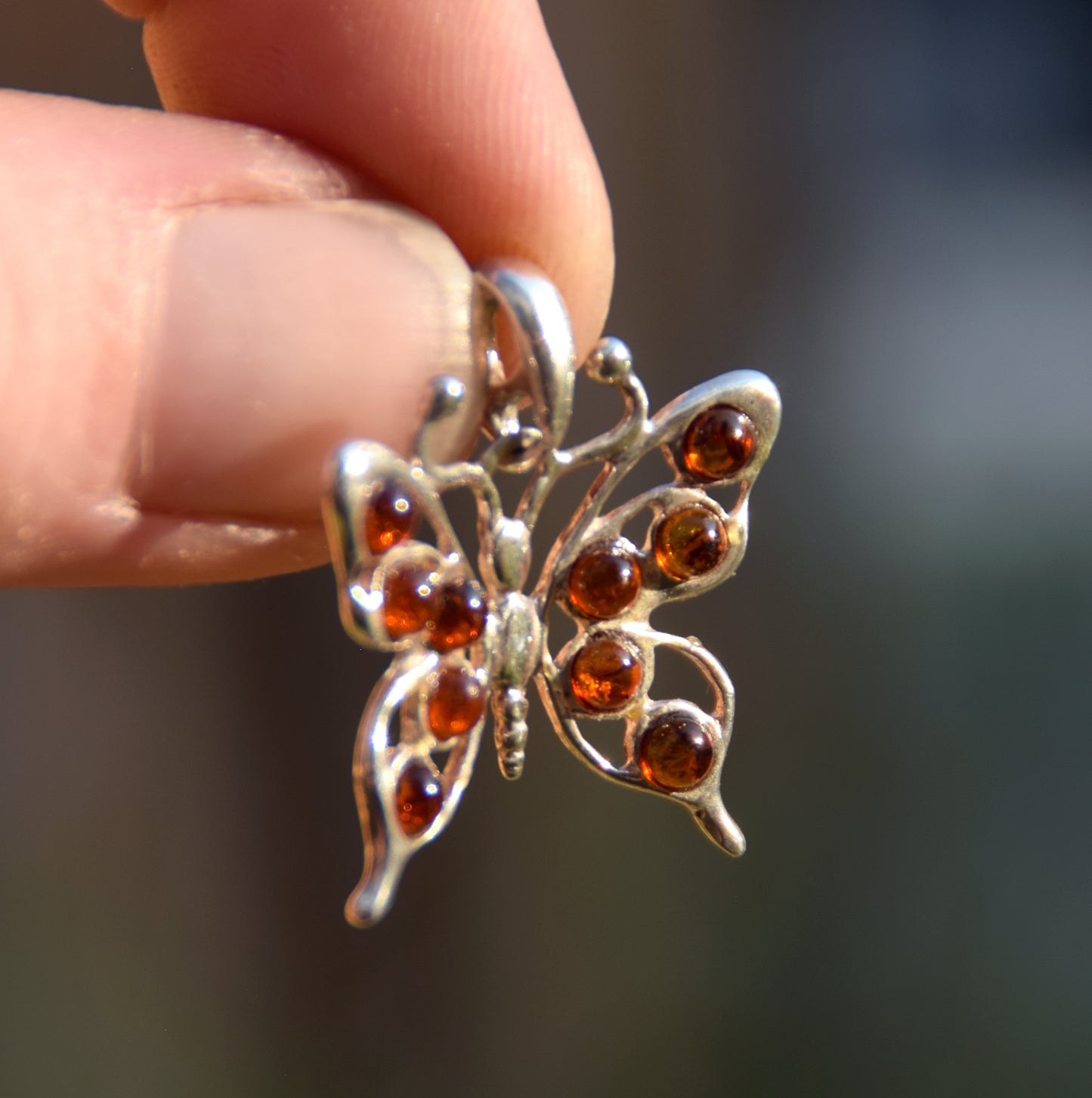 Lightweight pendant with butterfly in natural cognac amber and 925 Sterling Silver, MJ Baltica, BW292