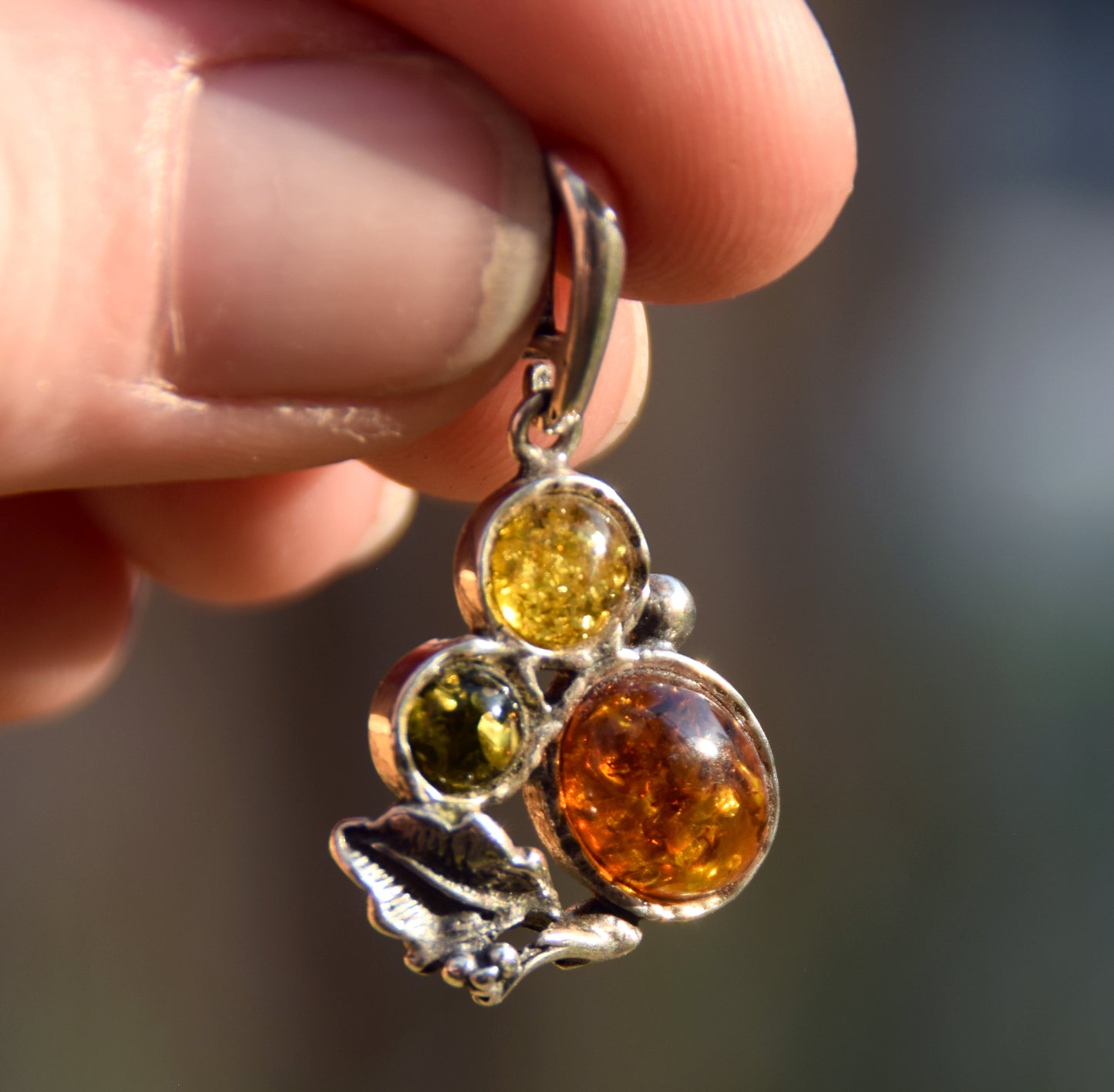 Elegant vintage style pendant in natural Amber of various shades and 925 Silver, MJ Baltica, BW295