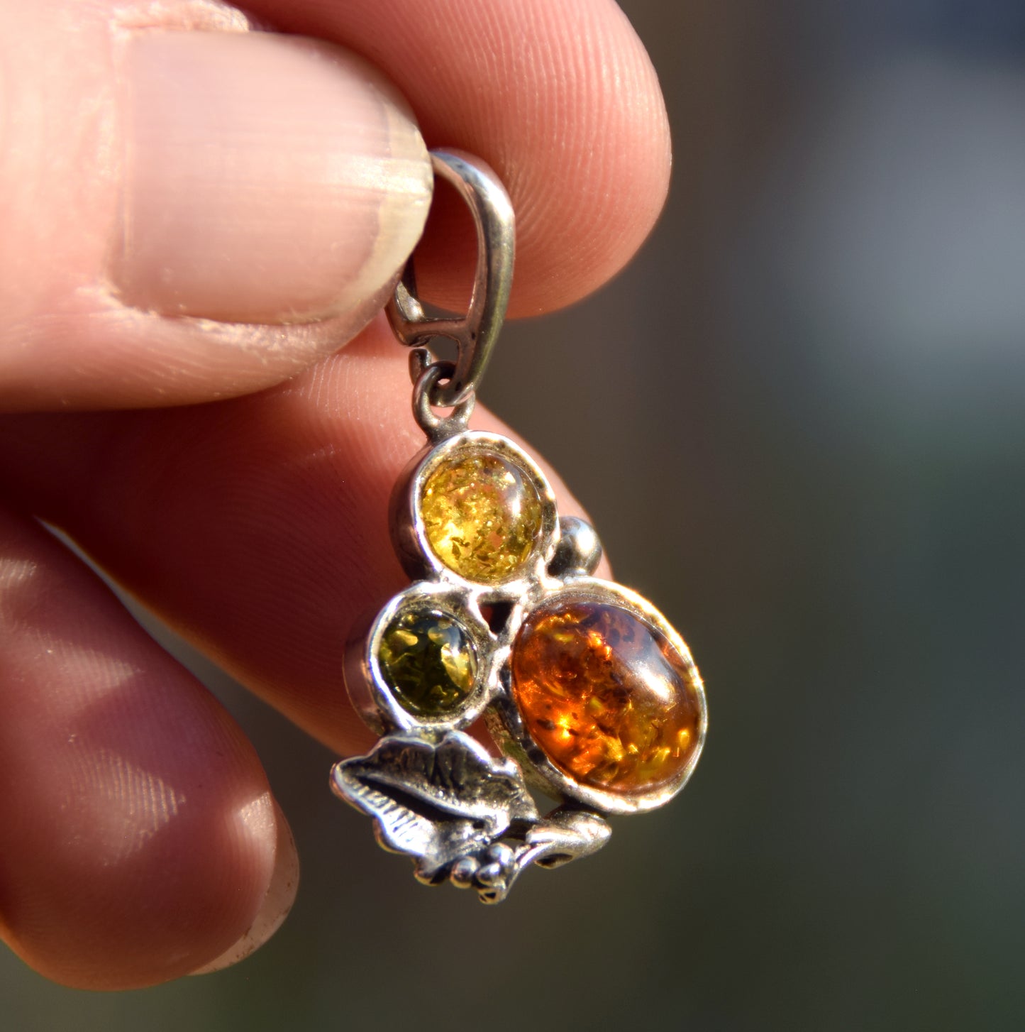 Elegant vintage style pendant in natural Amber of various shades and 925 Silver, MJ Baltica, BW295