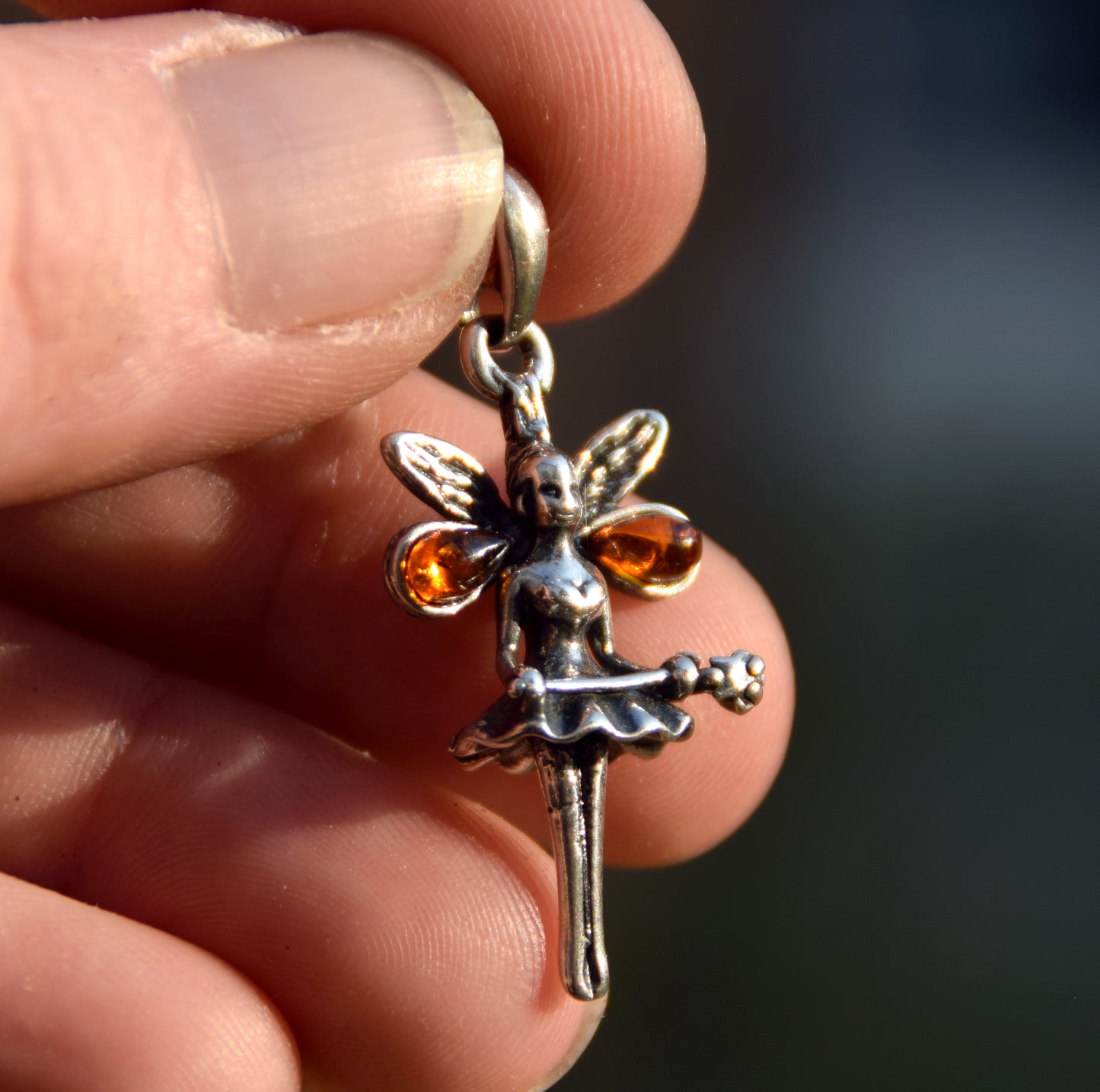 Delicate dancing fairy pendant with natural cognac amber and 925 sterling silver, MJ Baltica, BW296