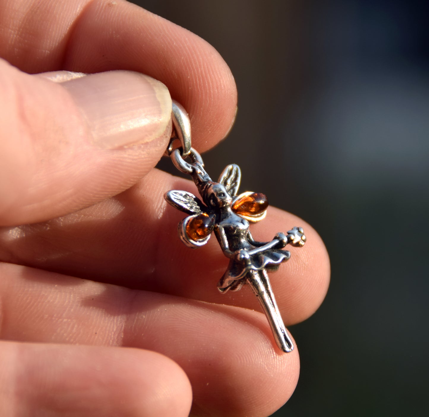 Delicate dancing fairy pendant with natural cognac amber and 925 sterling silver, MJ Baltica, BW296